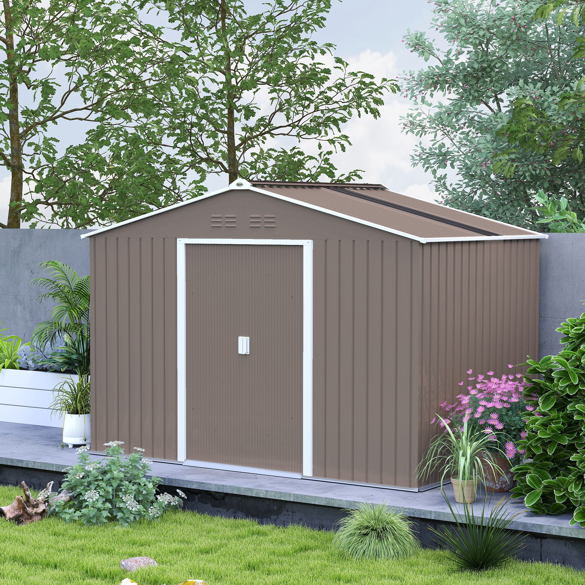 Metalen tuinschuur met schuifdeuren en ventilatieramen, 277 x 195 x 192 cm, lichtgrijs