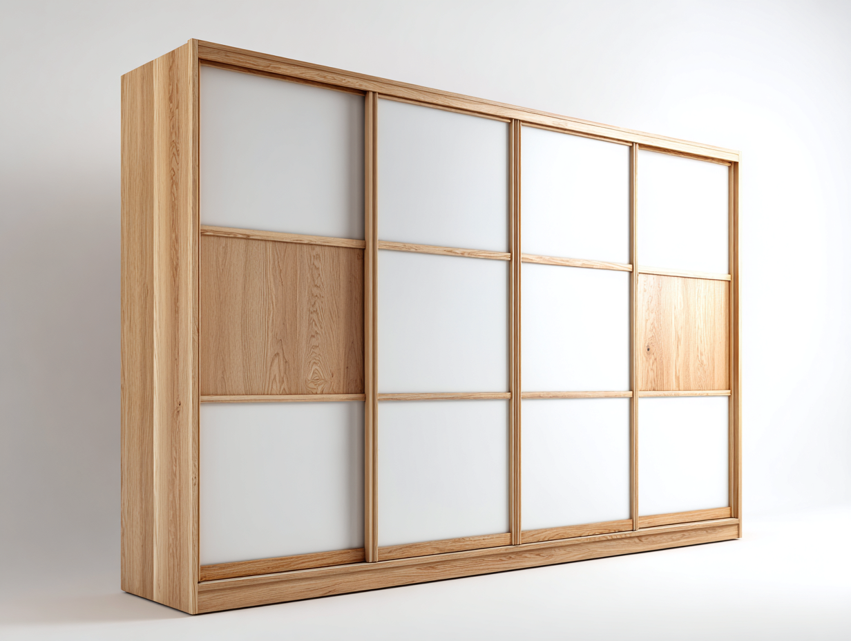 Kleiderschränke mit Schiebetüren-Eichenholz-Glas-242 x 66 x 210 cm-Natur-Weiß-Modernes Design