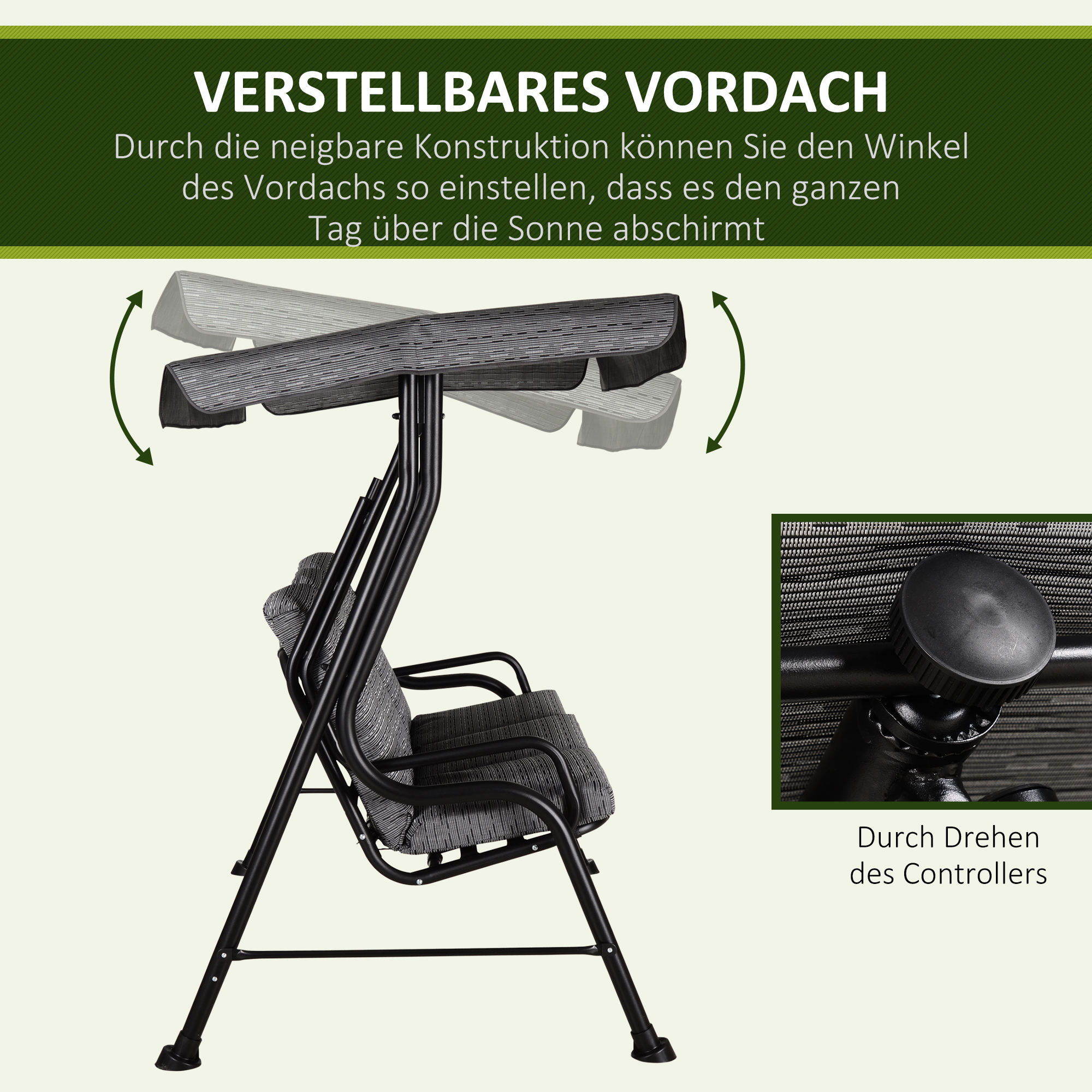 Outsunny Hollywoodschommel 3-zitten tuinschommel verstelbare zonnedak Textileen