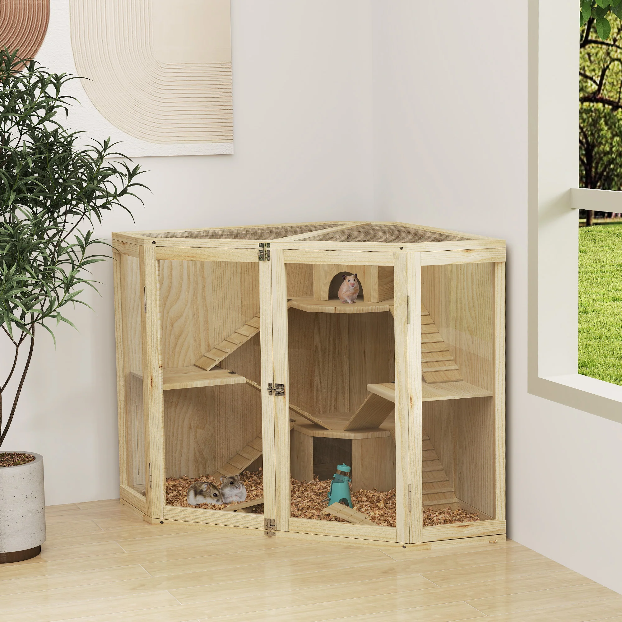 PawHut Hamsterkäfig Holz 4 Ebenen mit Zubehör und Sichtfenster