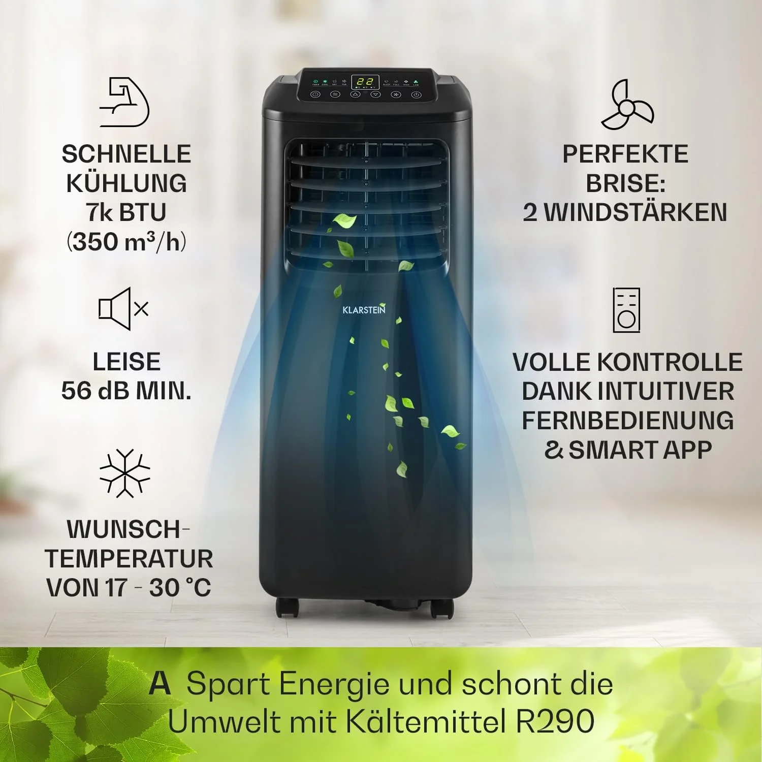Klarstein Mobiele Airco met Afvoerslang, 3-in-1 Airconditioner met Ventilator & Luchtontvochtiger, Kleine & Draagbare Airco voor Thuis & op Kantoor, met Nachtmodus & App-bediening, 7000 BTU