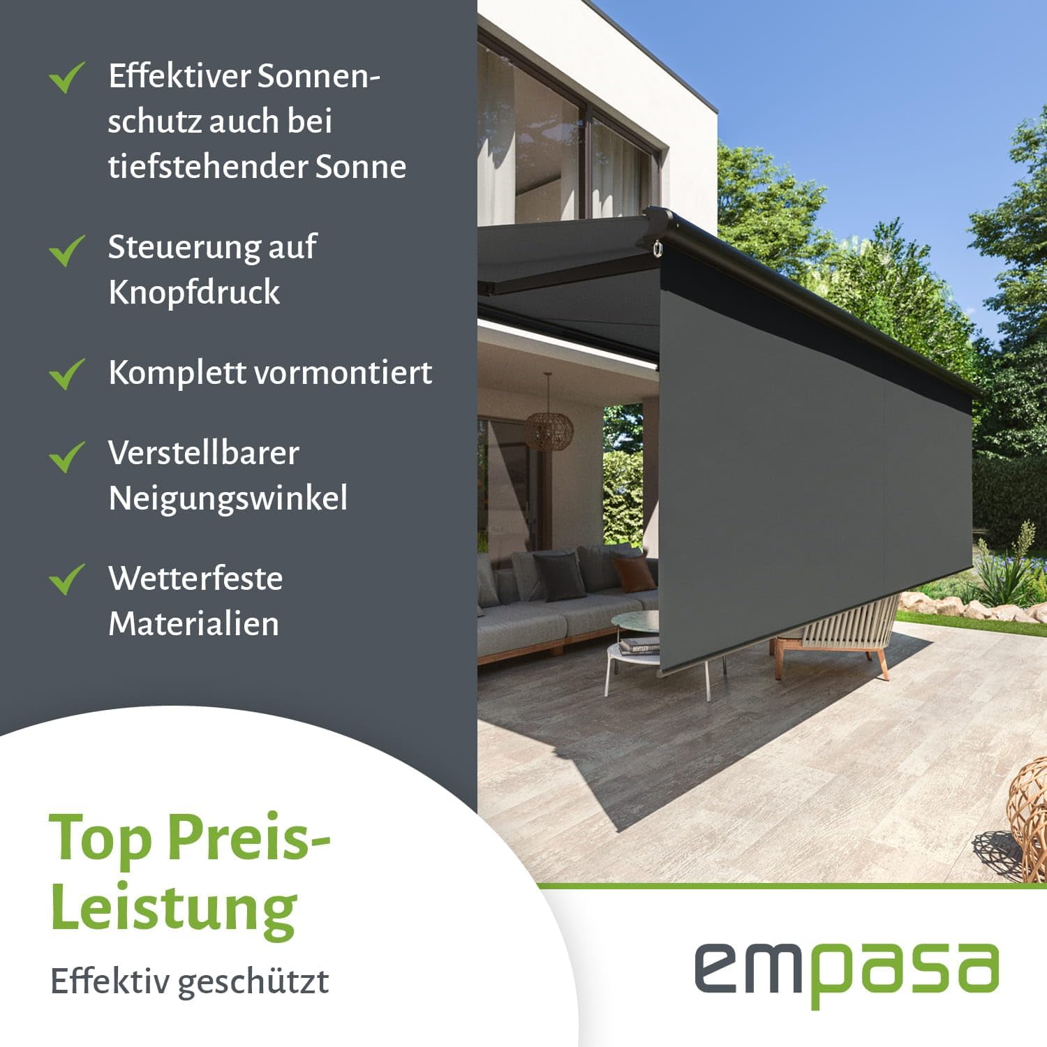 empasa Elektrische Vollkassettenmarkise 'Premium' Kassettenmarkise Gelenkarmmarkise Markise Sonnenschutz mit manuell ausfahrbarem Volant, komplett vormontiert, Farbe:anthrazit, Größe:4 x 3 m