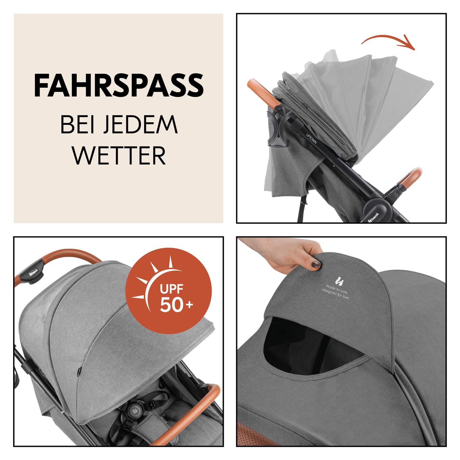 Hauck Uptown Kinderwagen Melange Rose – Kinderwagen für jedes Gelände, extra großer Sitz, flache Liegeposition, Gummiräder, Federung, kompakt und einfach zusammenklappbar, mit Regenschutz