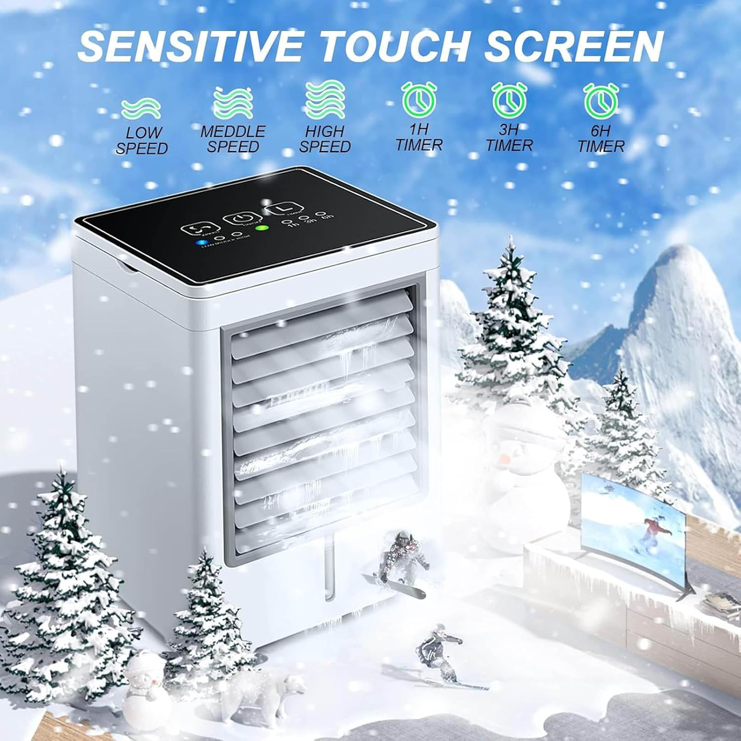 Verdunstungskühler mit 3 Windstufen und Touchscreen – tragbarer USB Kühlventilator für Zimmer, Zelt, Auto, Camping und den Außenbereich