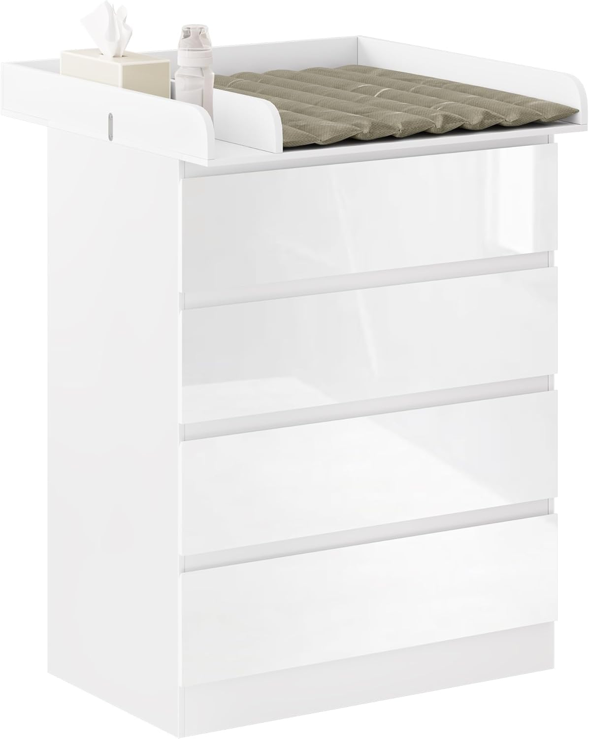 WOLTU Wickelkommode mit abnehmbarer Wickelaufsatz, Wickeltisch Baby, Wickelregal, Kommode mit 4 Schubladen, Höhe 110 cm, Weiß + Hochglanz Weiß