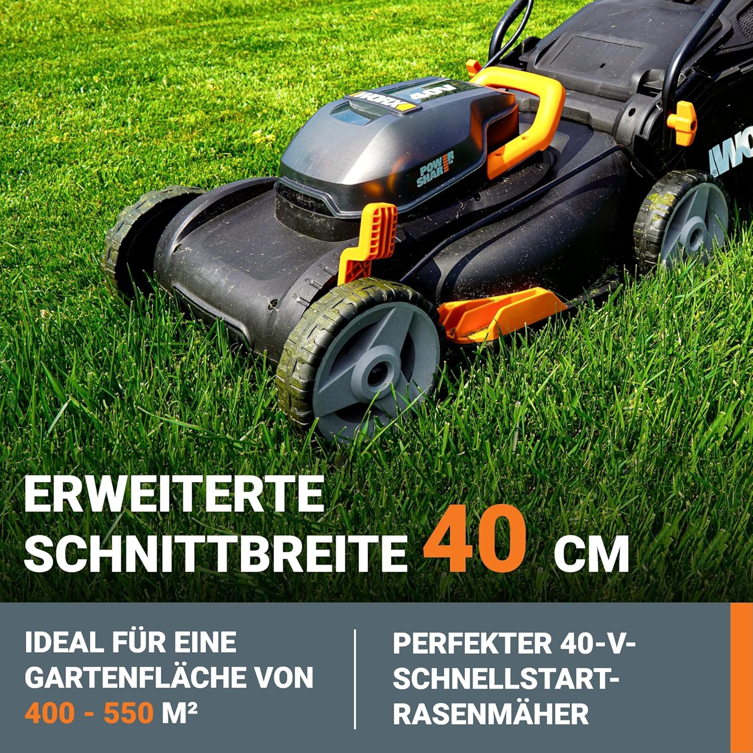 WORX WG743E Akku-Rasenmäher 40V, Profi Rasenmäher mit Mulchfunktion  und  PowerShare Akku, Rasenmähen ohne Kabel, Ideal für Gärten bis zu 500m2 (inkl. 2X 4Ah Akkus  und  Dual-Ladegerät)