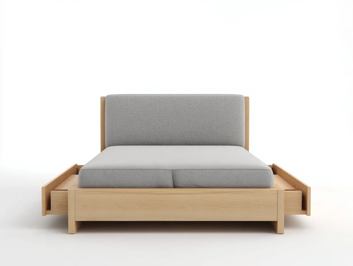 Doppelbett-Holz-Stoff-212x192x112 cm-Natur-Grau-Skandinavisches Design