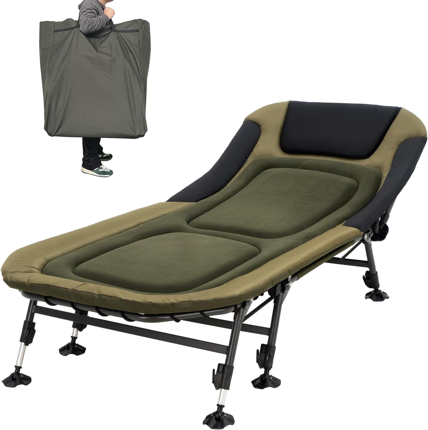 Camping Cots for Adults 330Lbs with Carry Bag, Heavy Duty Folding Bed with Soft Padded Cushion, Portable Military Cot for Hunting, 180° Adjustable Reclining Outdoor Lounger