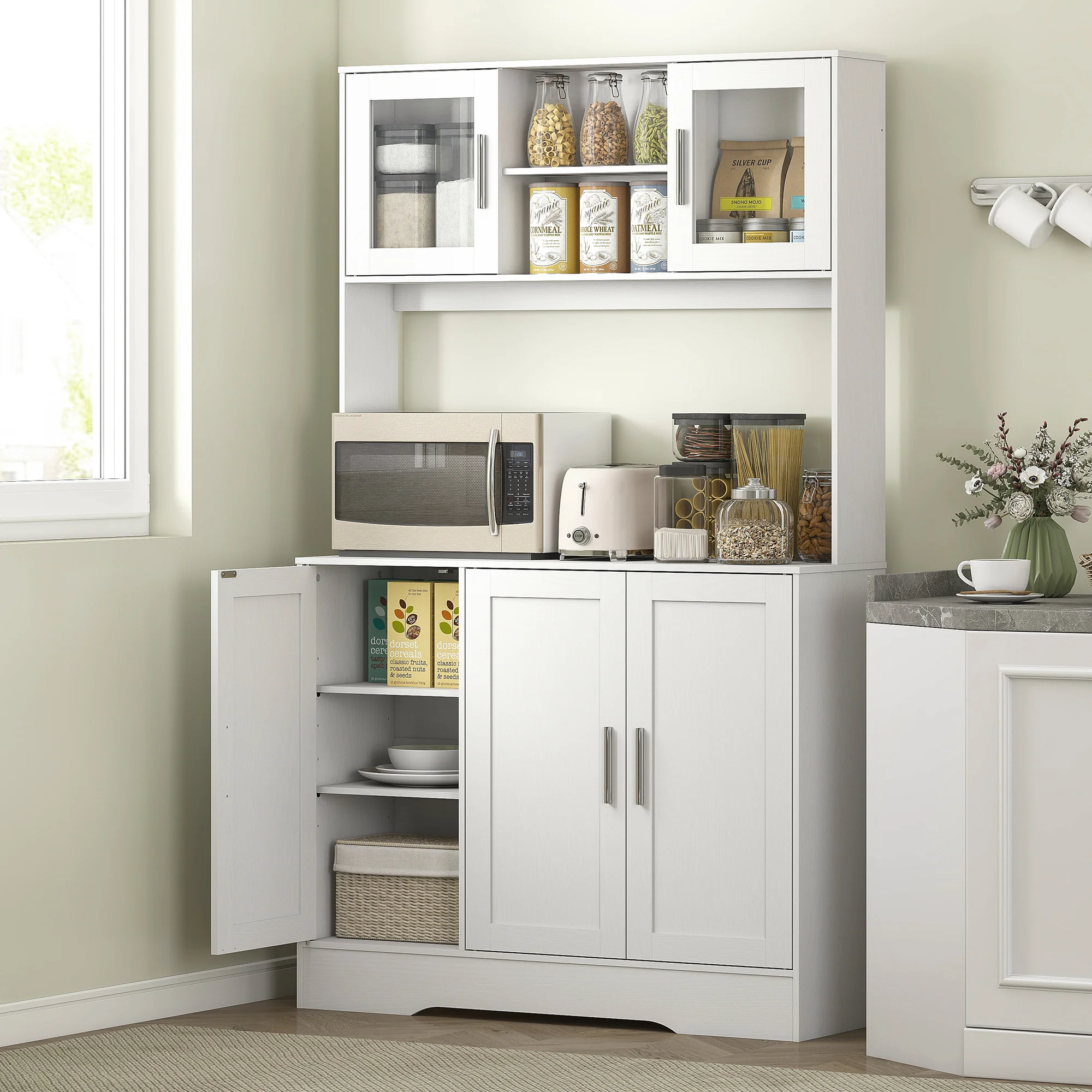 HOMCOM Keukenkast, Scandinavisch Design, 4 Kasten, Verstelbare Planken, Glazen Deuren, Open Vak, Spaanplaat, MDF, Wit