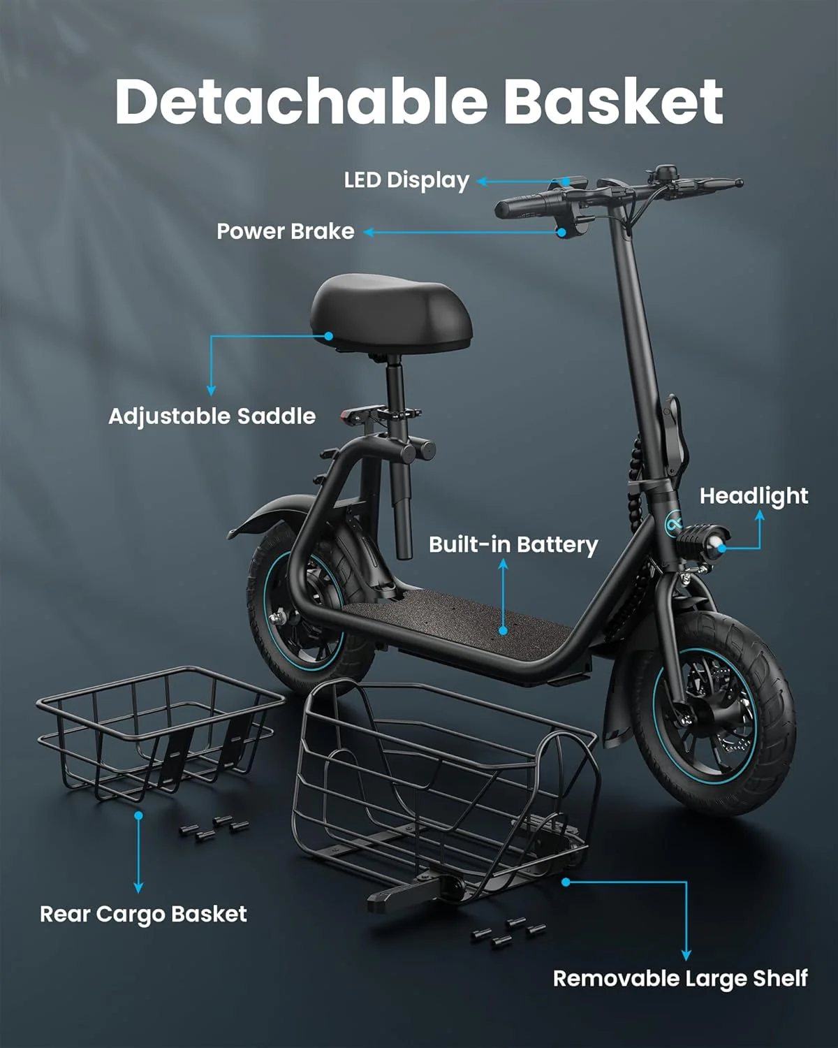 Adults Electric Scooter with Large Middle Basket