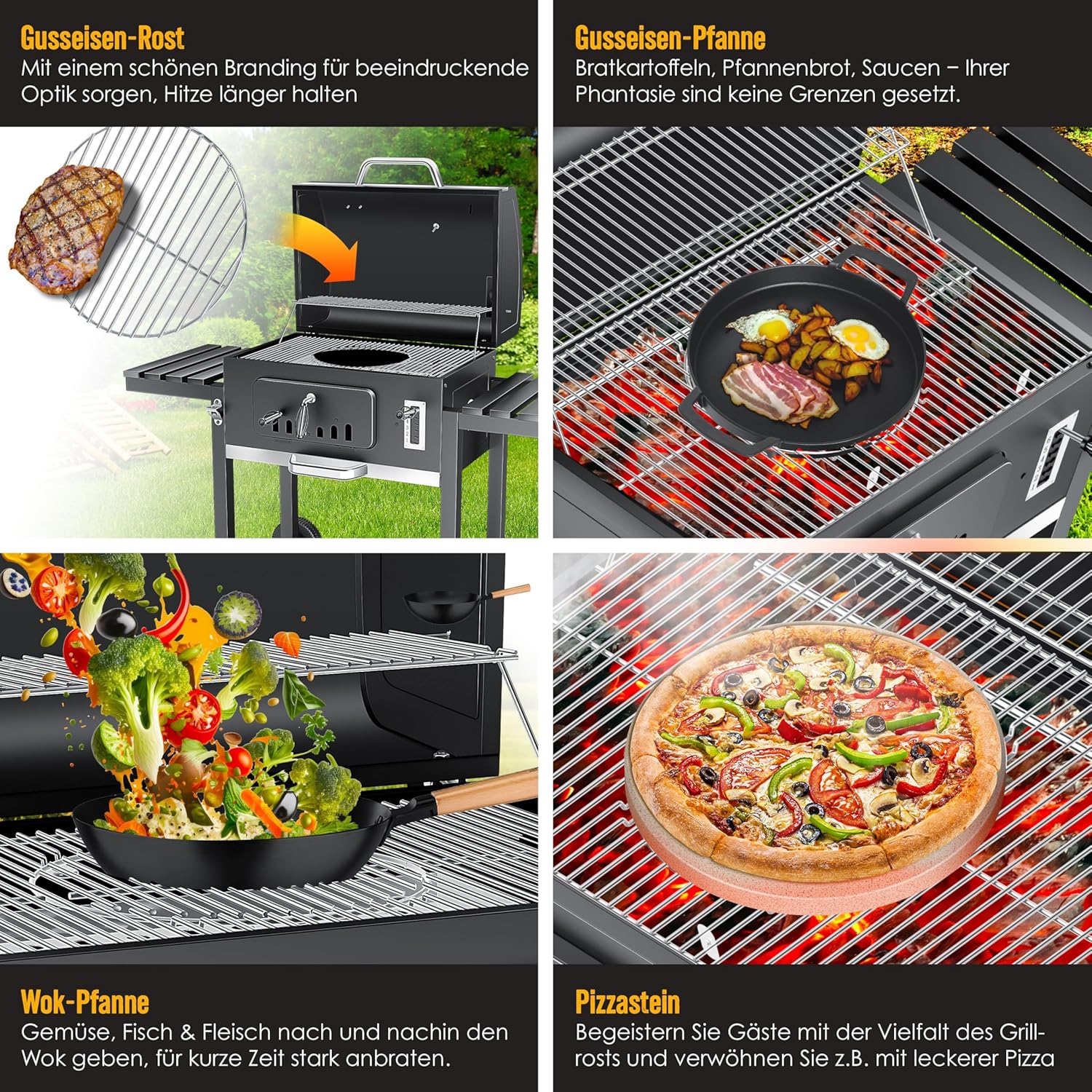 KESSER® Holzkohlegrill XXL Grillwagen Set mit Deckel & Thermometer – großer BBQ Kohlegrill Wagen, Smoker Grill mit Kamin & Lüftung, mit Grillrost, Warmhalterost & Ablage inkl. Haube, Bürste & Pinsel