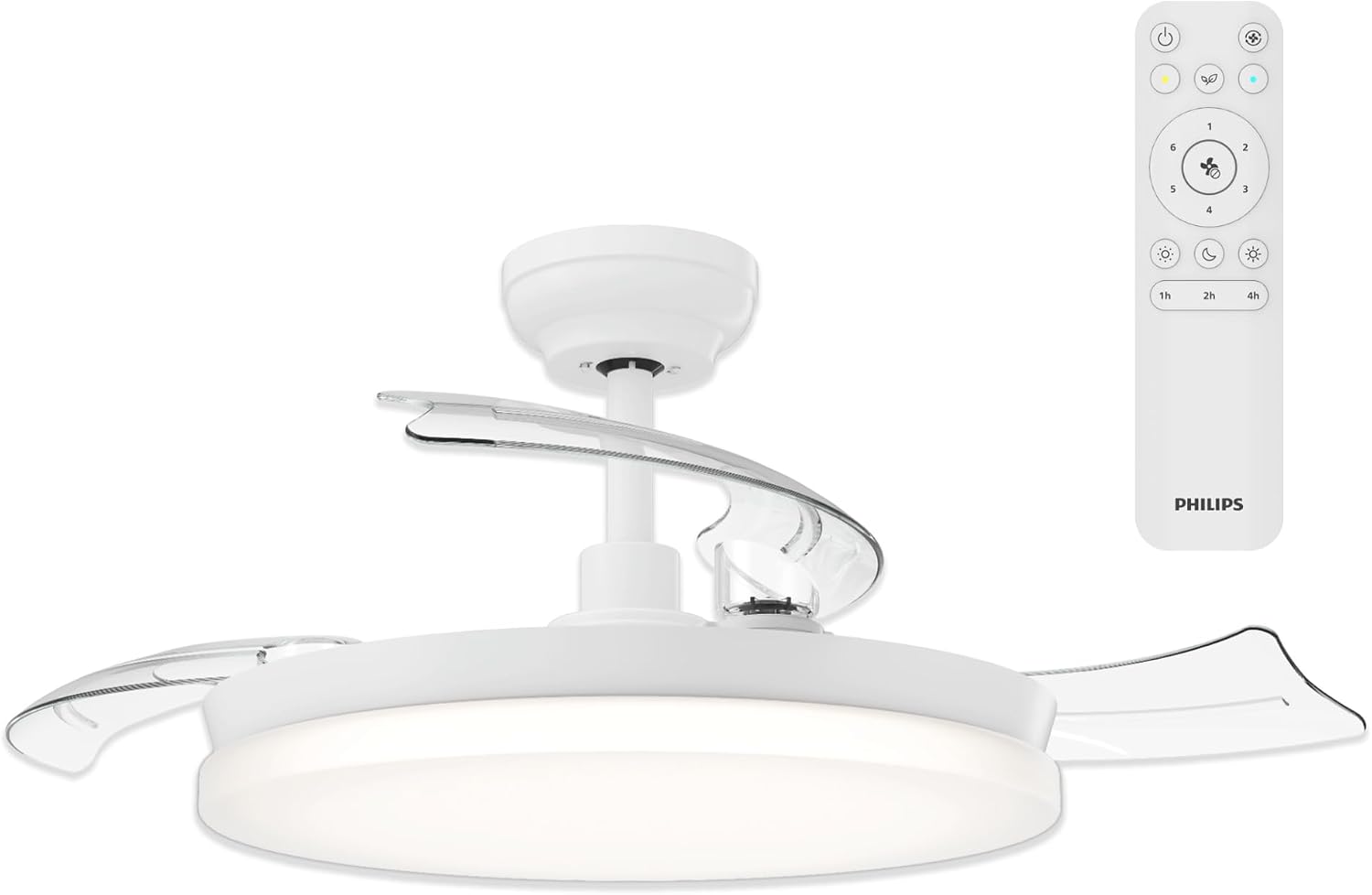 PHILIPS Solr Deckenventilator mit LED-Licht und Einziehbaren Flügeln, 3 Flügel, 106 cm Flügelspannweite, 4.500 Lumen, Drei Weißstufen (2.700 K/4.000 K/5.500 K), Dimmbar bis 10%, Inkl. Fernbed., Weiß