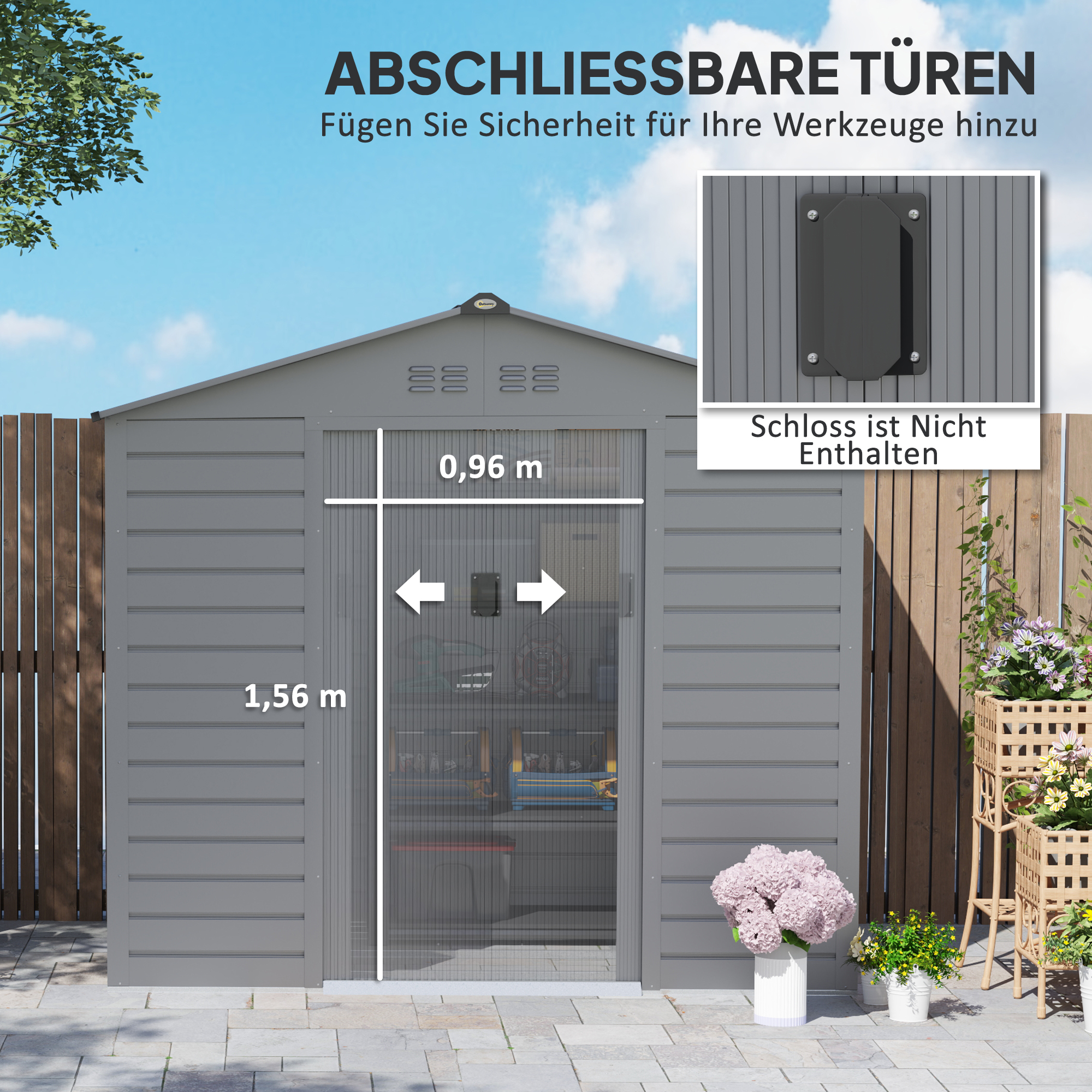 2,1 x 1,3 m Tuinschuur, Gereedschapsschuur van Staal, Afsluitbare Deuren, 4 Ventilatieopeningen, Grijs