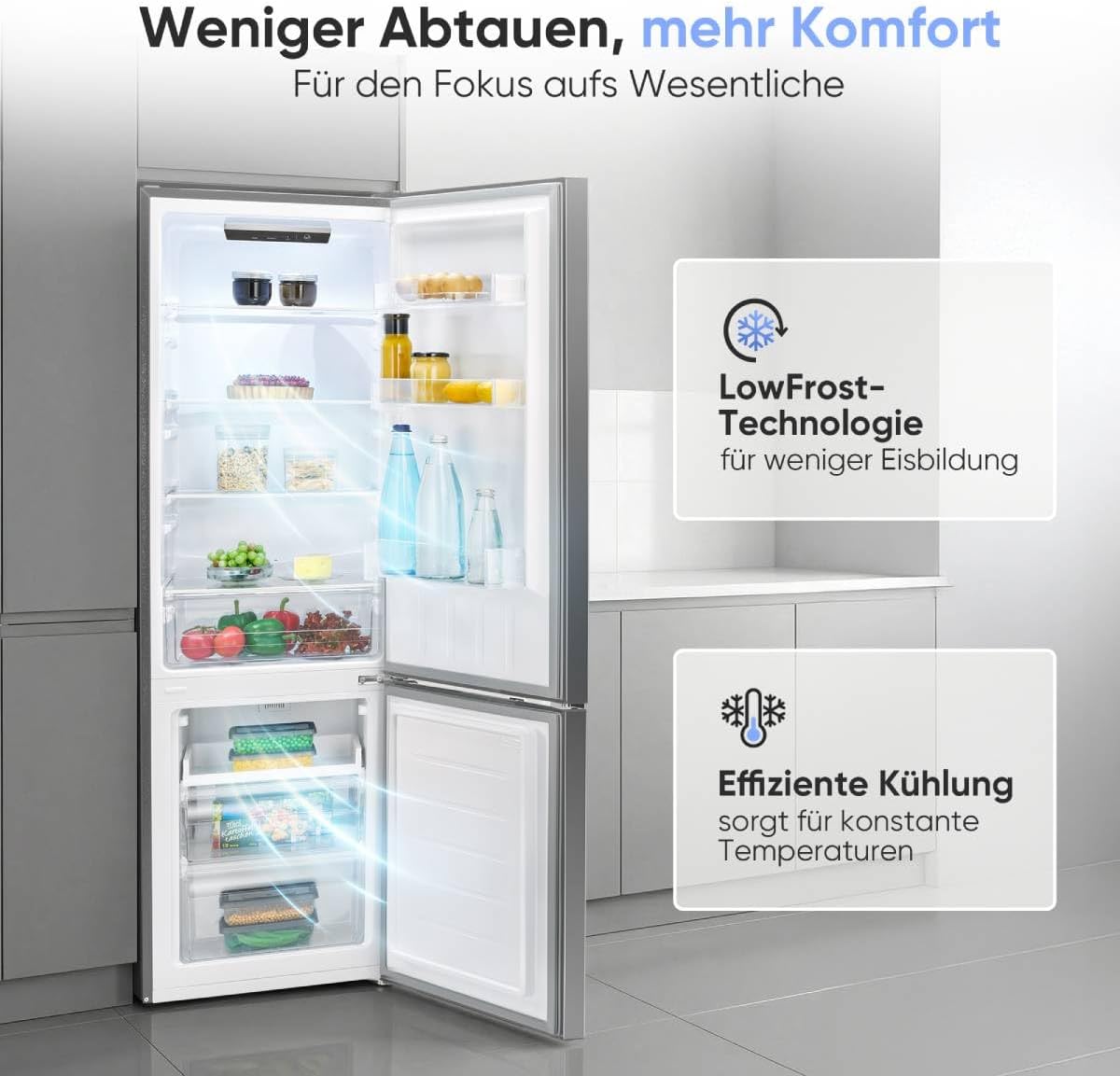 Bomann® Kühlschrank mit Gefrierfach | Energieklasse C | 176cm | LowFrost | 5 Jahre Kompressor-Garantie | Kühl Gefrierkombination leise | Türanschlag wechselbar | Kühlgefrierkombi | KG 7369 silber