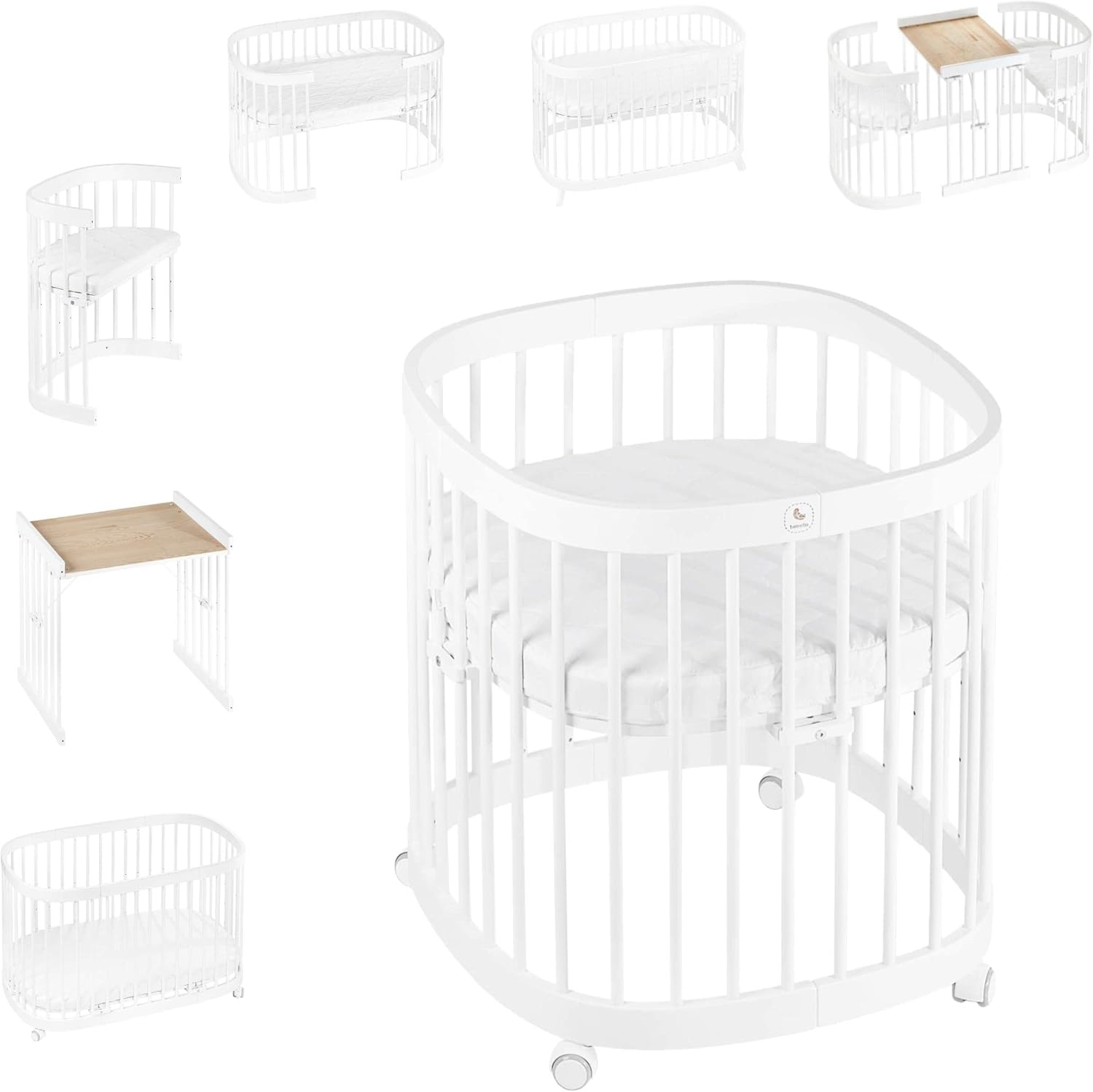 tweeto® Babybett 7 in 1 – mitwachsendes Babybett aus Holz | höhenverstellbares Beistellbett & Gitterbett | umbaubar zu Kinderbett & Laufstall (Buche Natur)