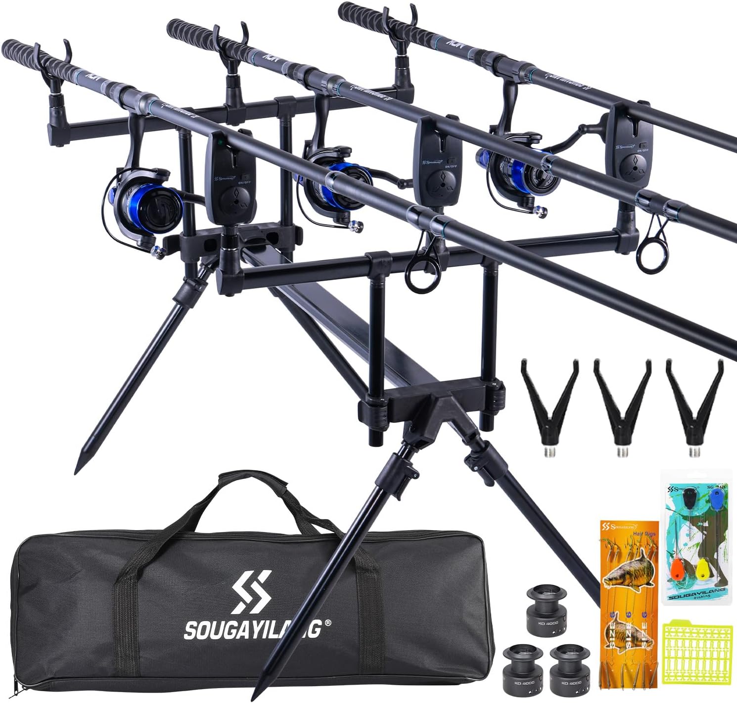 Sougayilang Karpfenangel-Set, 3 Ruten und Rollen im Kombipack, Verstellbarer Rutenhalter, Bissanzeiger, anfängerfreundliches Komplettset zum Karpfenangeln in Karpfenseen und Flüssen