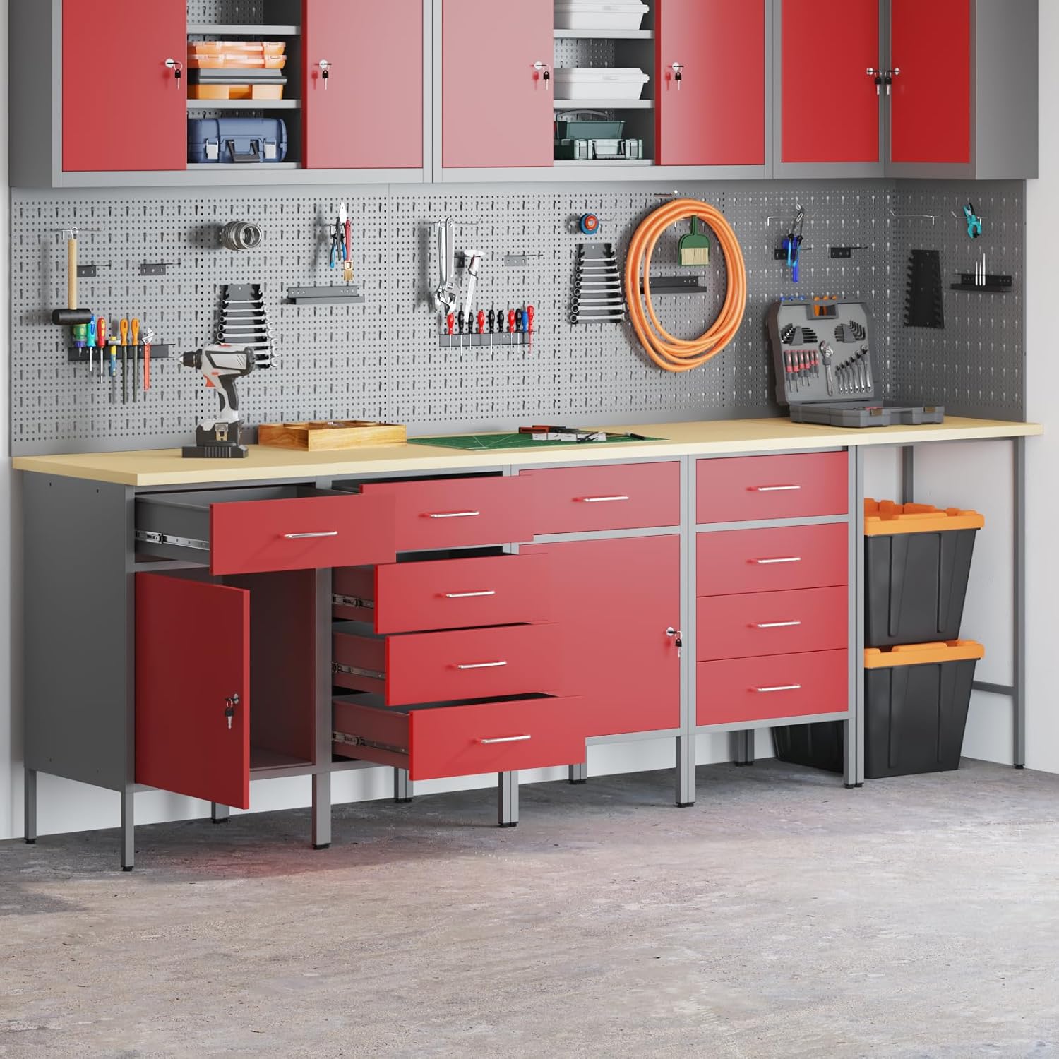 SKM 5-TLG. Werkstatteinrichtung-Set Rot Holzwerkstoff,Heimwerkerbedarf,Bauzubehör,Werkzeugaufbewahrung & Ordnungssysteme,Werkbänke,Rot,92.1KG,3321395