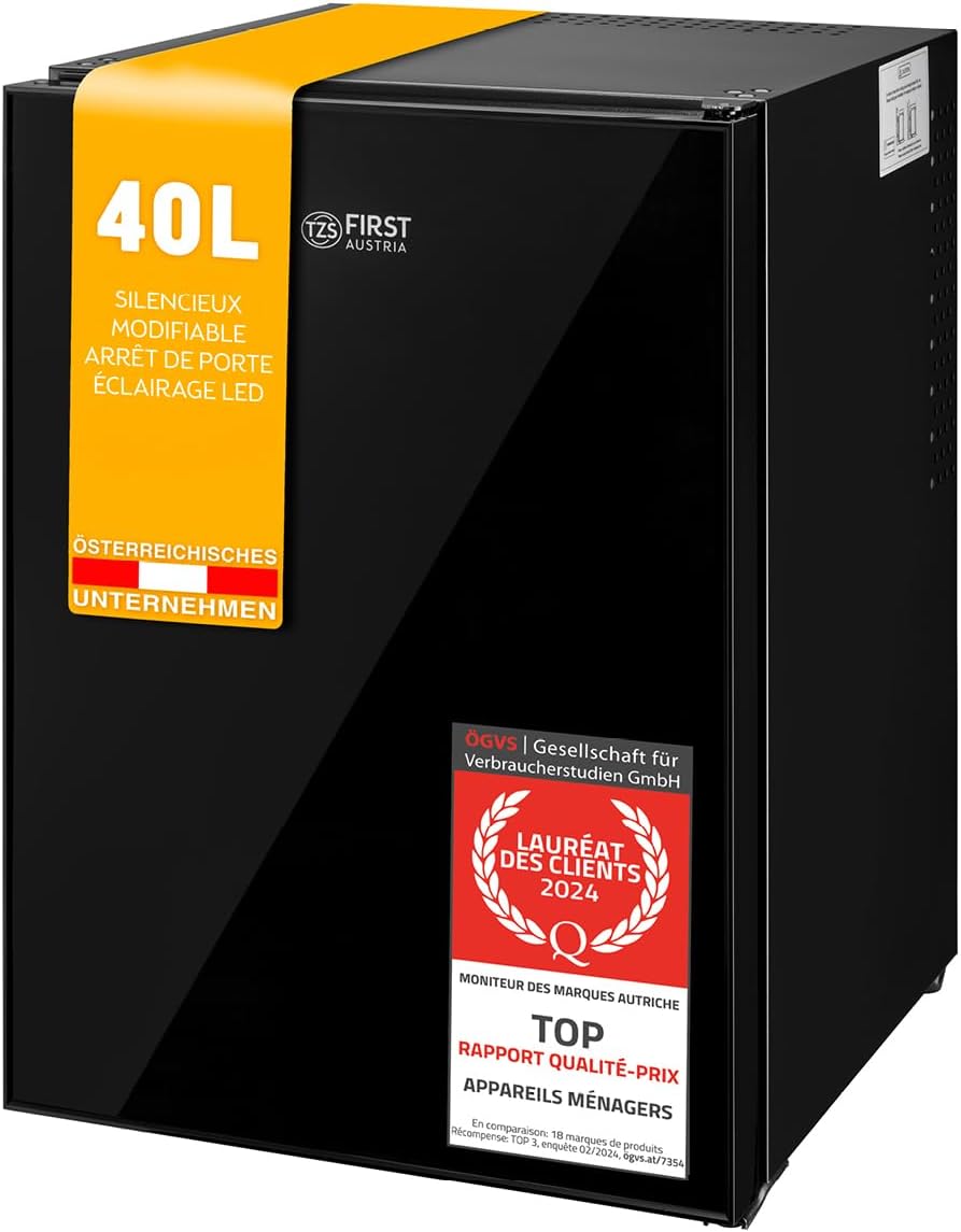 TZS First Austria - Mini réfrigérateur 40L silencieux - Petit mini-frigo avec porte réversible & lumière intérieure - Minibar pour camping, bureau, chambre & hôtel - Façade verre