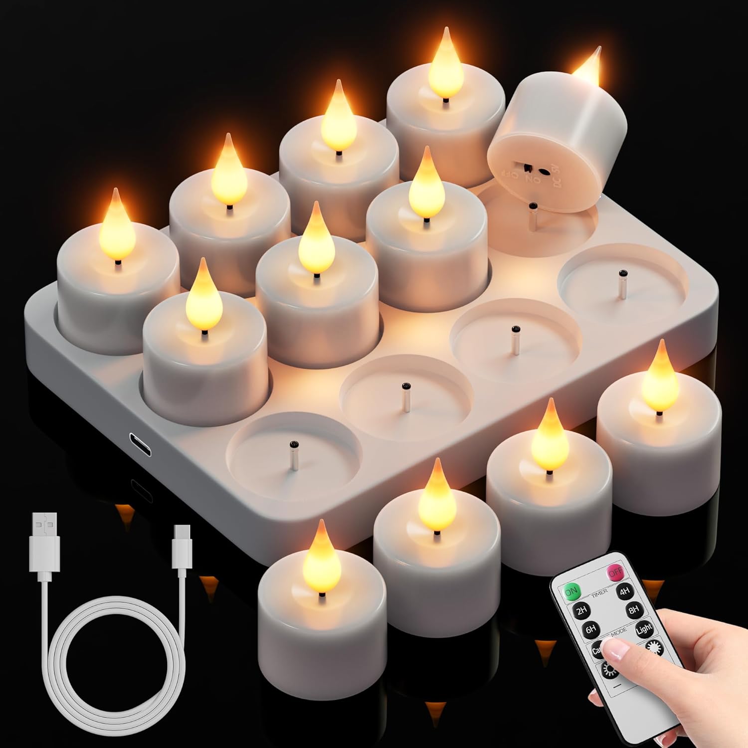 Wiederaufladbare flammenlose Teelichter: 12 batteriebetriebene Teelichter mit Fernbedienung, Timer und Ladestation, flackernde Votivkerzen, für Weihnachten, Halloween, Hochzeitsdekoration