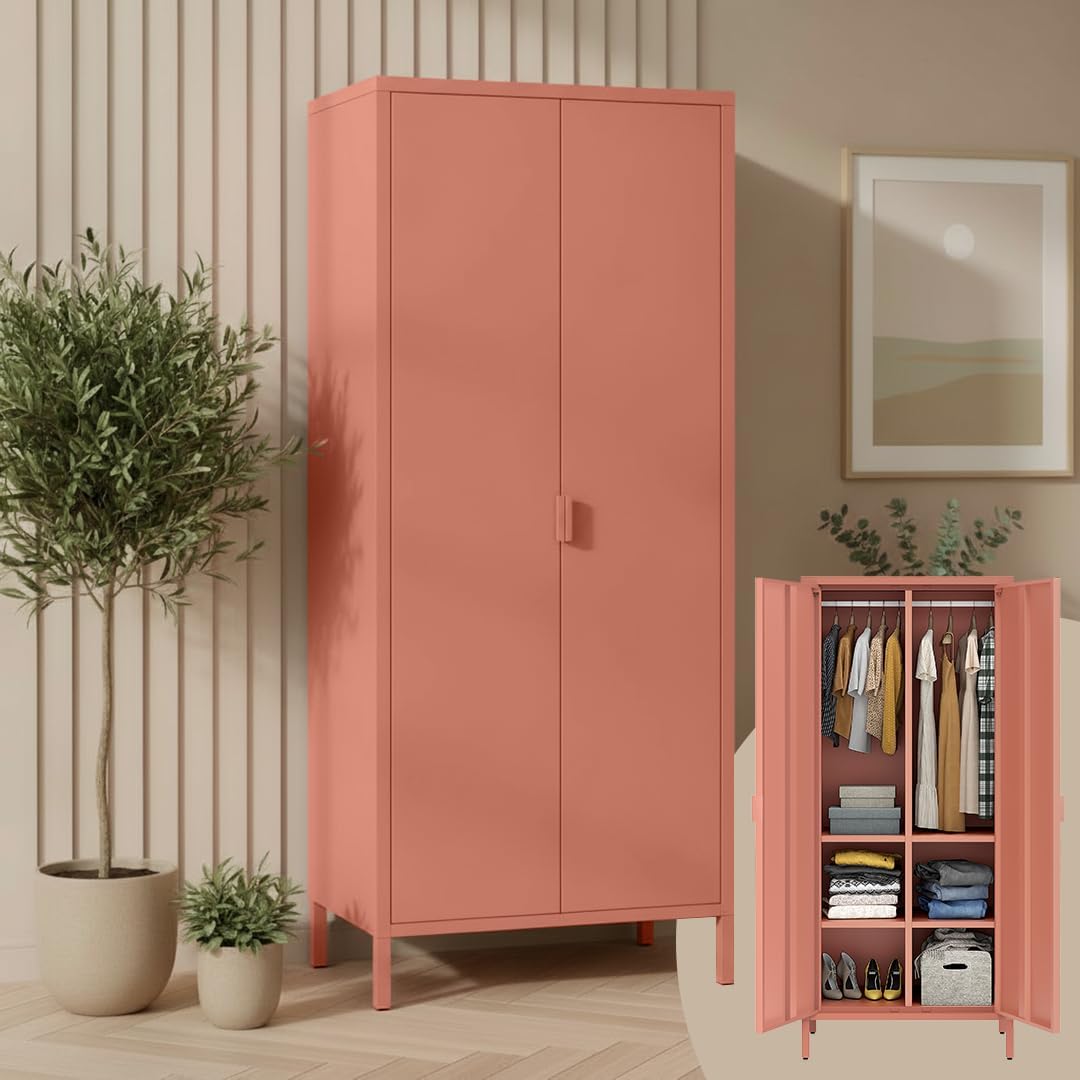 skølm Ituri Metallschrank Terrakotta – Kleiderschrank mit 6 Fächern & 2 Kleiderstangen – Garderobenschrank Flur 80 cm breit – Schlafzimmerschrank Industrial Style – Stahlschrank für Wohnzimmer & Büro