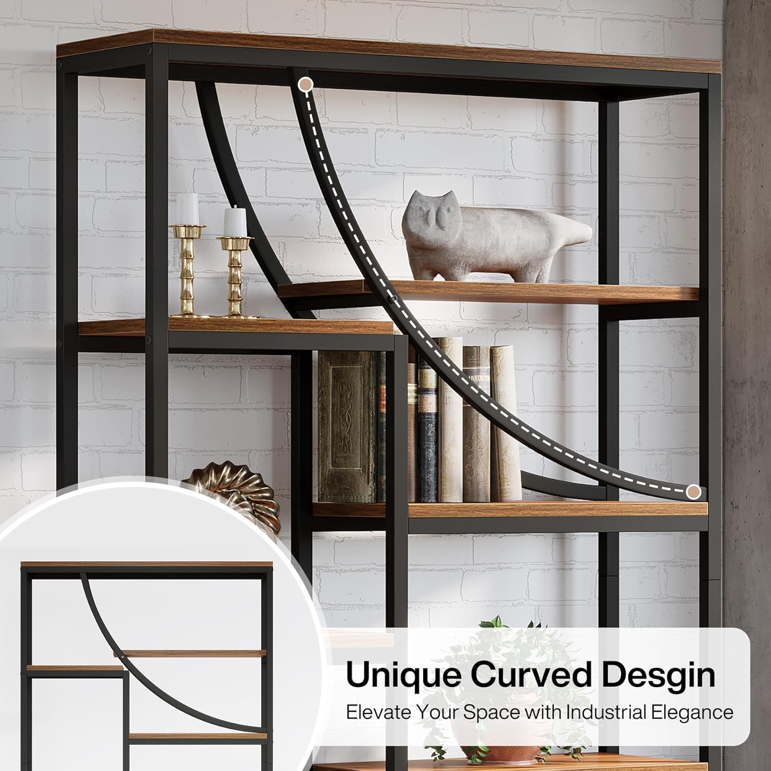 Tribesigns Bücherregal, 180 cm Regal mit 9 Ebenen, Großer Geometrischer Bücherschrank mit Offenen Fächern, Frei Stehendes Holz- & Metall Standregal für Wohnzimmer, Industrie-Design, Braun & Schwarz