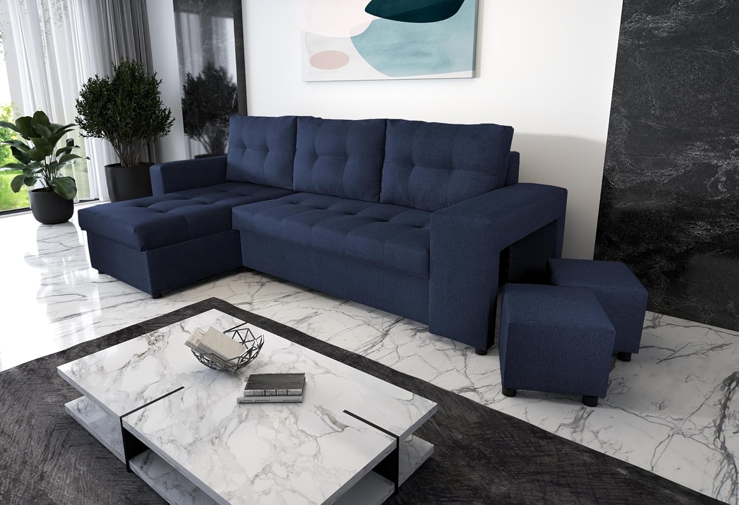 NAWSTOL - Sofa narożna Leon z funkcją spania i skrzynią na pościel – nowoczesna sofa do salonu – możliwość montażu z lewej lub prawej strony (szara + biała sztuczna skóra)