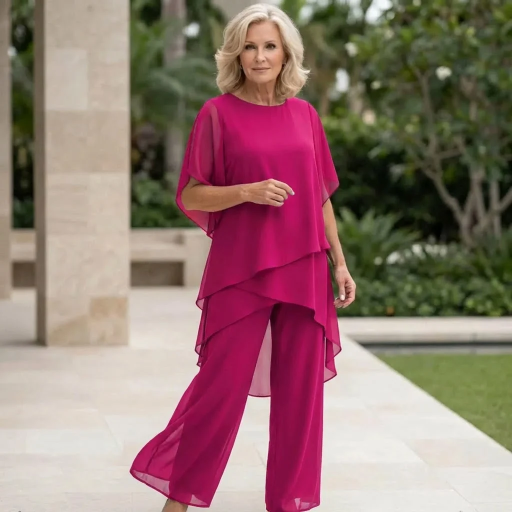Zweiteiliges Chiffon-Set �C Asymmetrisches Lagen-Oberteil & Hose f��r Damen
