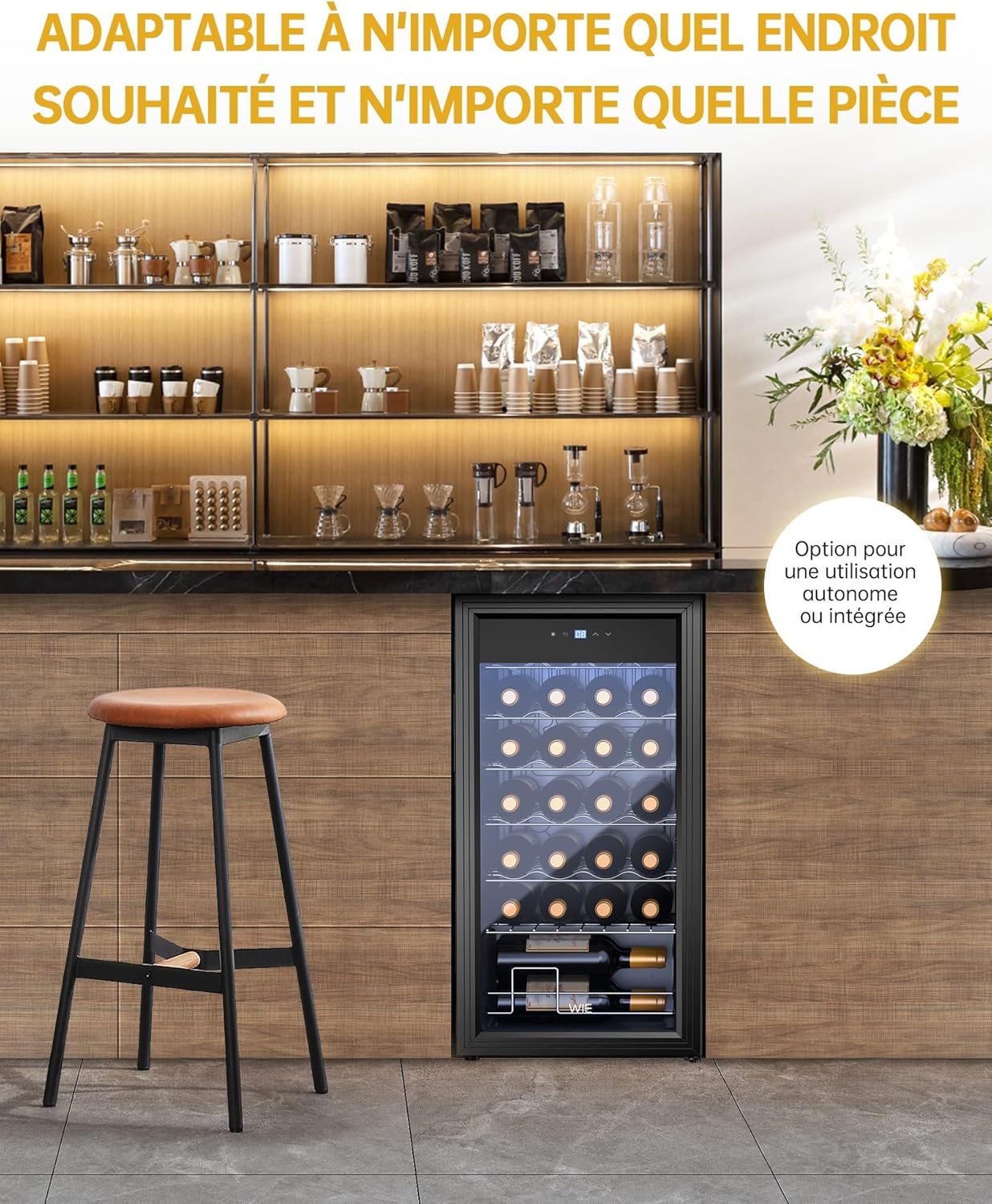 WIE Cave à Vin, Réfrigérateur à Vin en Verre, Cave a Vin Encastrable, Cave a Vin Vieillissement, Bar Intérieur/Extérieur, Frigo Vin, Protection UV, 5-18°C, 28 Bouteilles