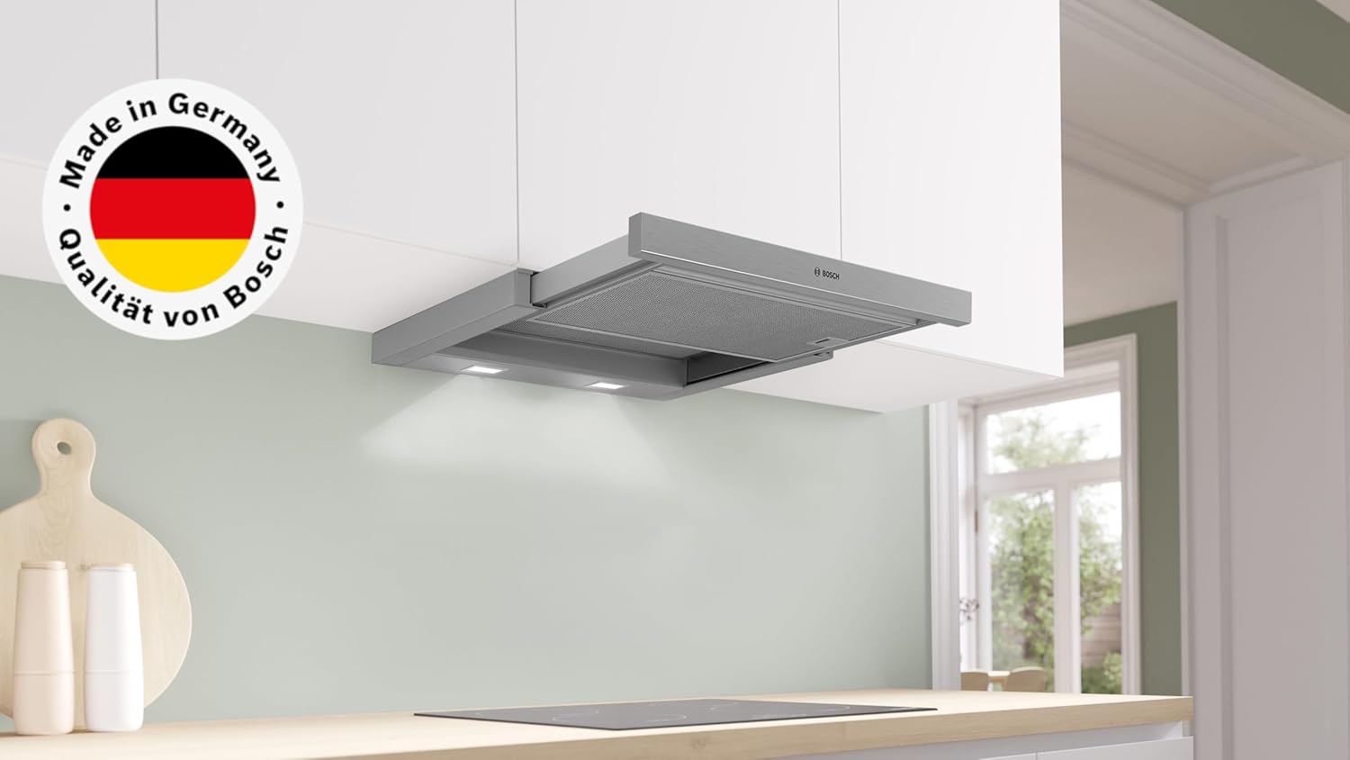 DFL063W57 Serie 2 Flachschirmhaube, 60 cm, Made in Germany, kraftvolle Abluftleistung, LED-Beleuchtung, leiser Betrieb, spülmaschinengeeignete Fettfilter, individuell anpassbar, Silber