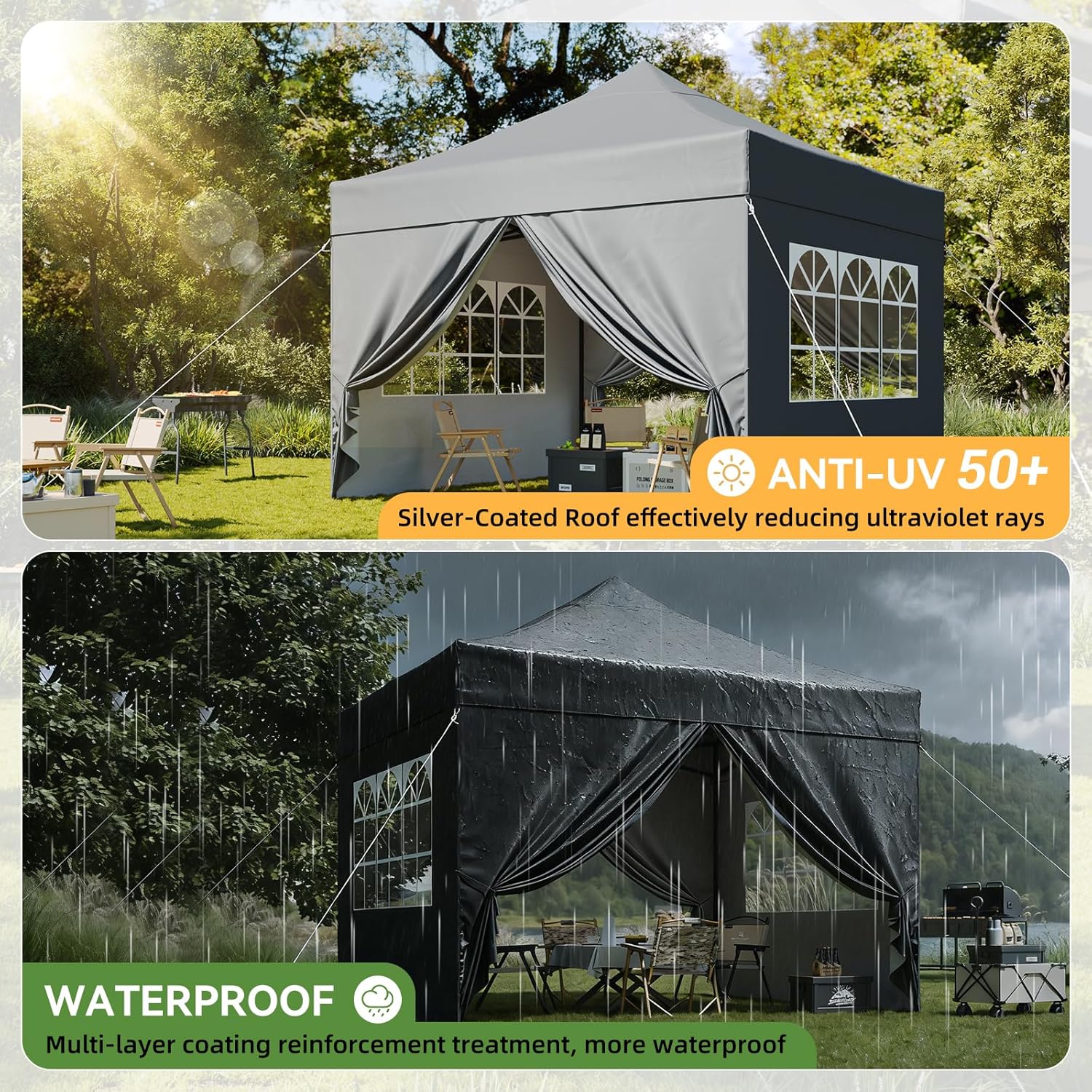 Aoxun Faltpavillon 3x3m Wasserdicht Stabil, Pop Up Pavillon mit Seitenwänden, UV-Schutz 50+ Gartenzelt Inkl. Rolltasche, Sandbags, Partyzelt Fuer Camping, Strand, Hochzeit und Outdoor Shelter, Grau