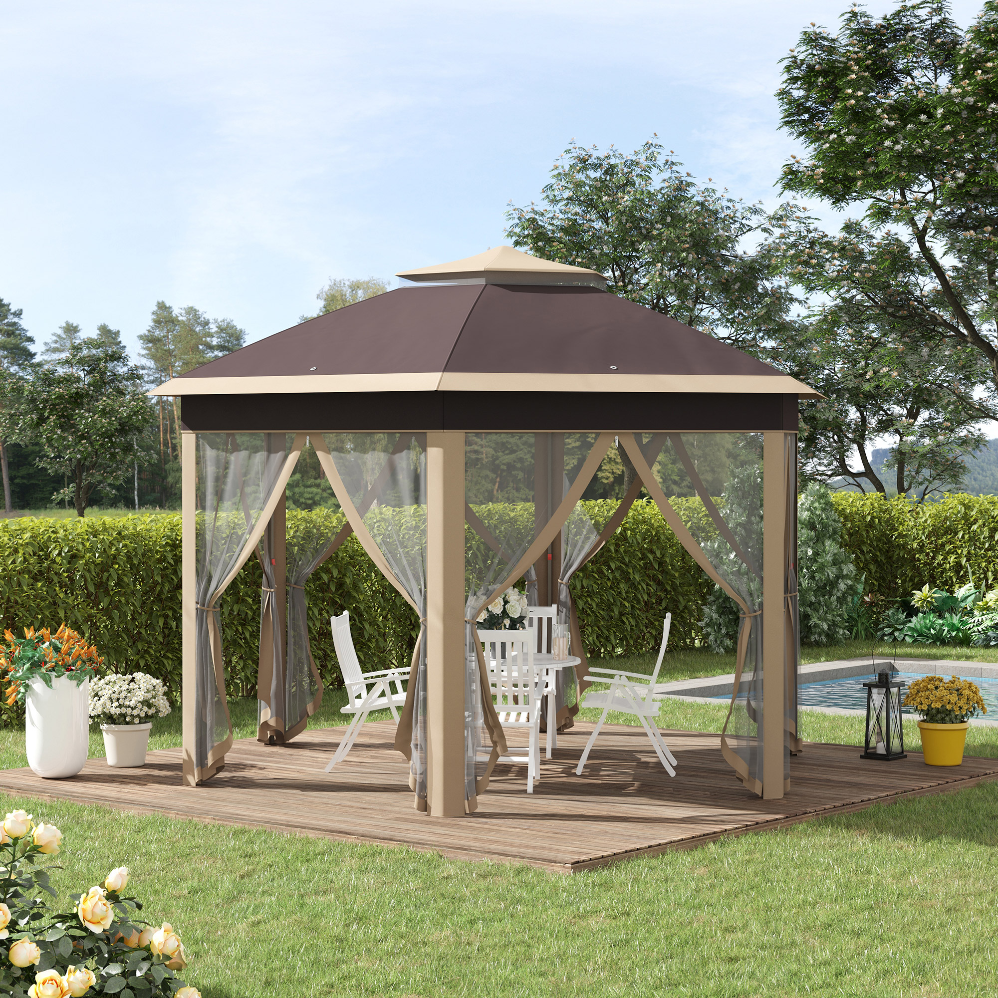 Outsunny tuinpaviljoen opvouwbaar tuinhuisje 4 x 4 m pop-up tent partytent incl. draagtas 6 zijpanelen dubbel dak zeshoekig beige + kaki