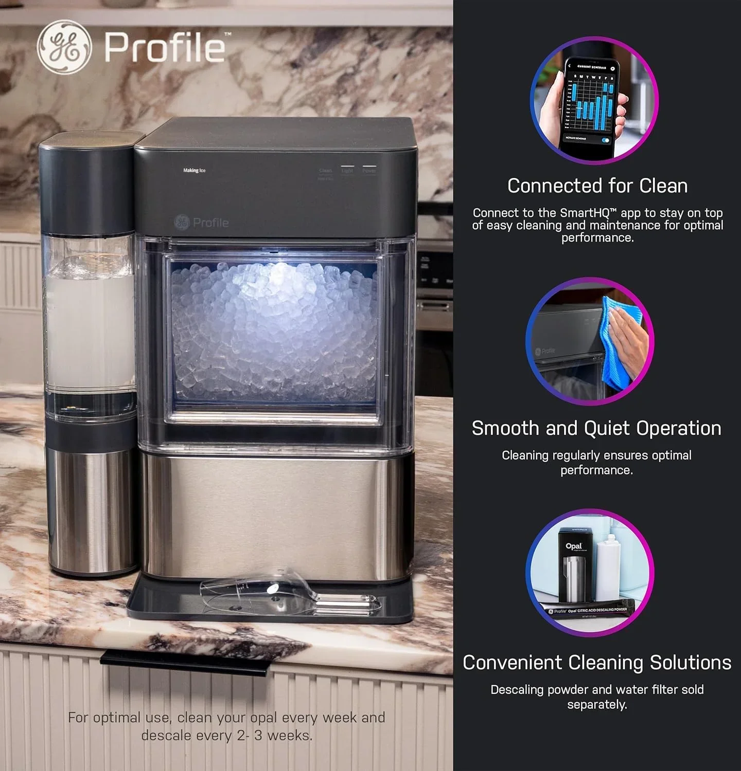 GE Profile Opal 2.0 XL with 1 Gallon Tank, Chewable Crunchable Countertop Nugget Ice Maker, Scoop included, 38 lbs in 24 hours, Pellet Ice Machine with WiFi & Smart Connected, Stainless Steel
