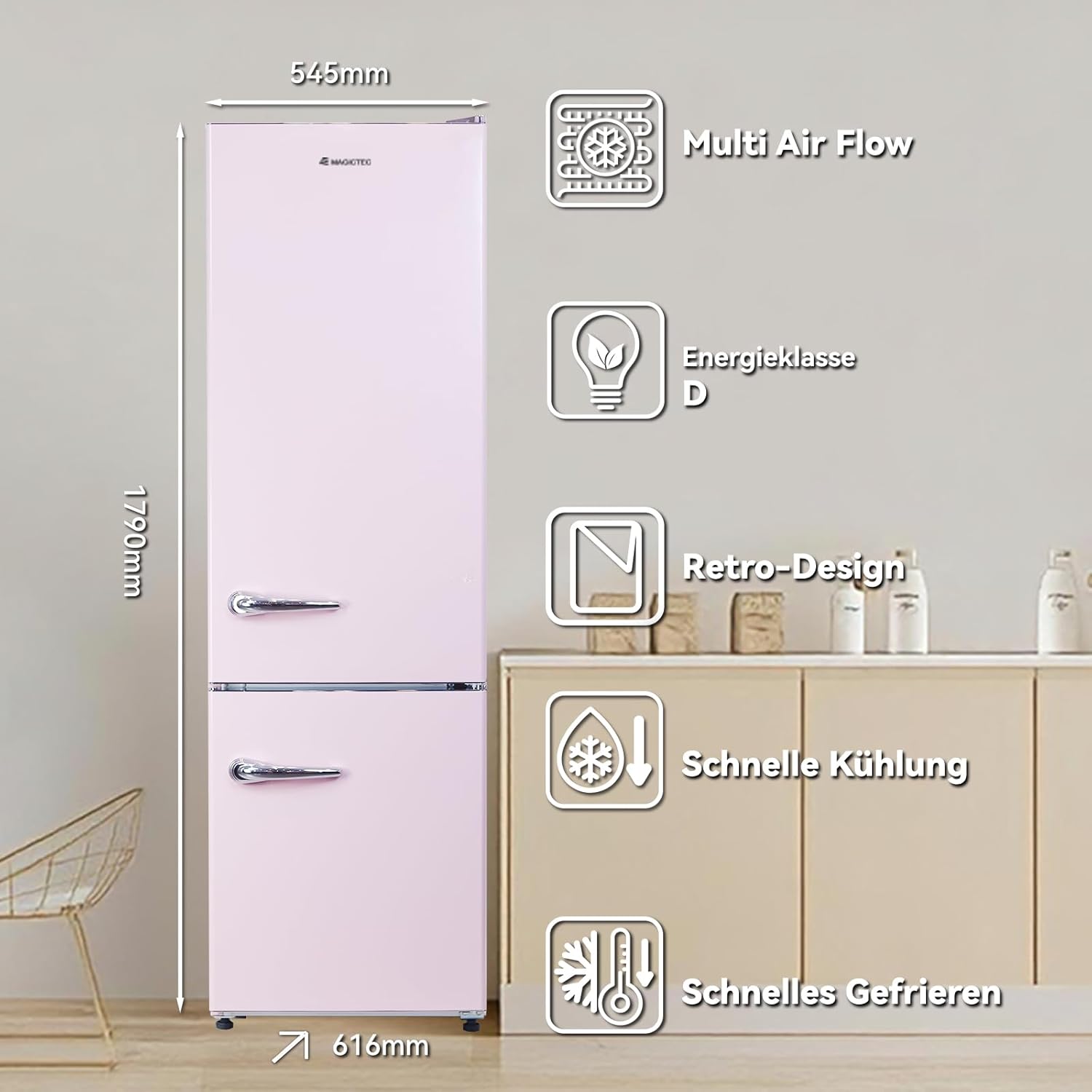 magictec Retro Kühlschrank Mit Gefrierfach Vintage 179cm,【Total No Frost Plus 】, 236L (168L/68L Gefrierfach) | Kühl Gefrierkombination Freistehend Retro | Elektronische Steuerung | Türalarm | Rosa