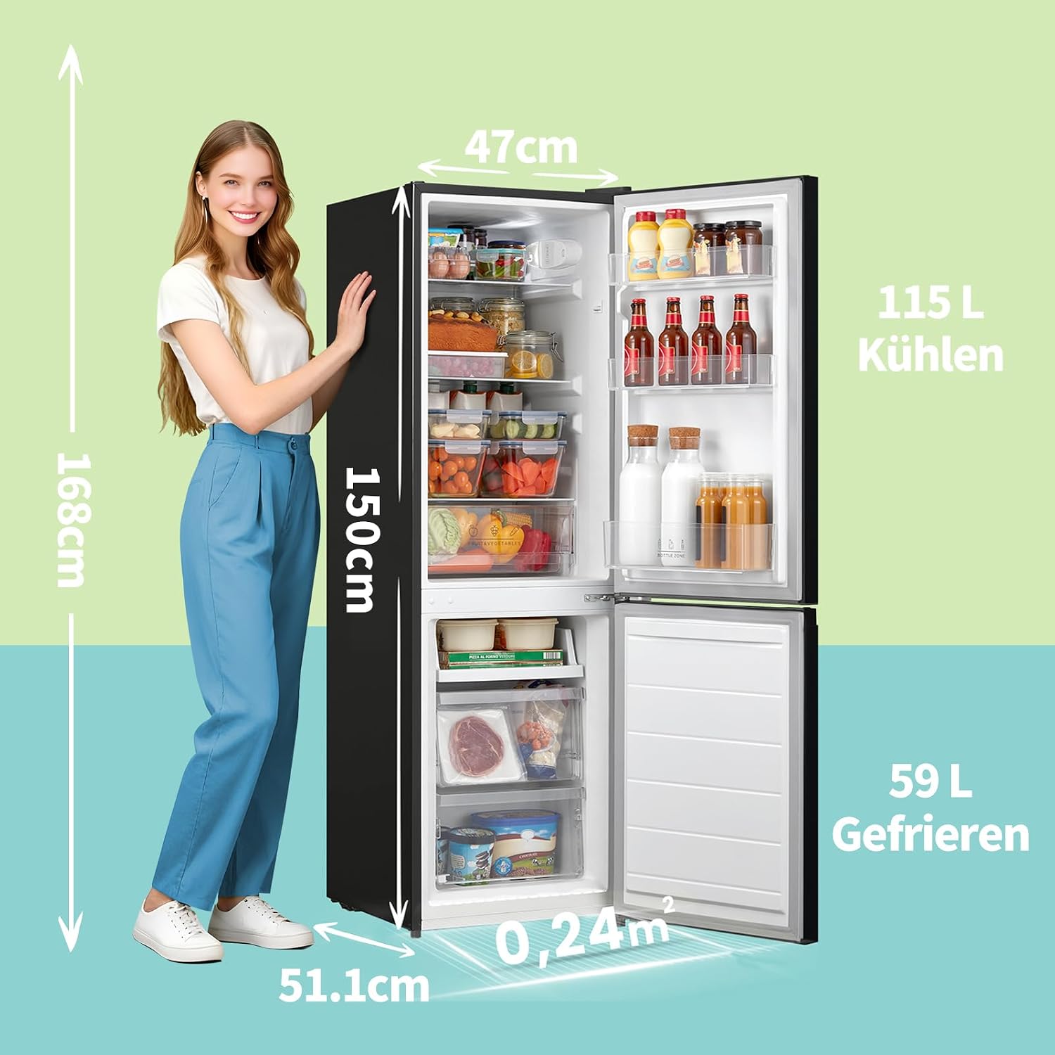 Comfee‘ Kühlschrank mit Gefrierfach RCB169DK2(E) | 174L Kühl-Gefrierkombination (115L Kühlteil + 59L Gefrierteil), 150 cm Höhe | 195 kWh/Jahr, Low Frost, Leise 39 dB | LED-Licht | Freistehend, Schwarz