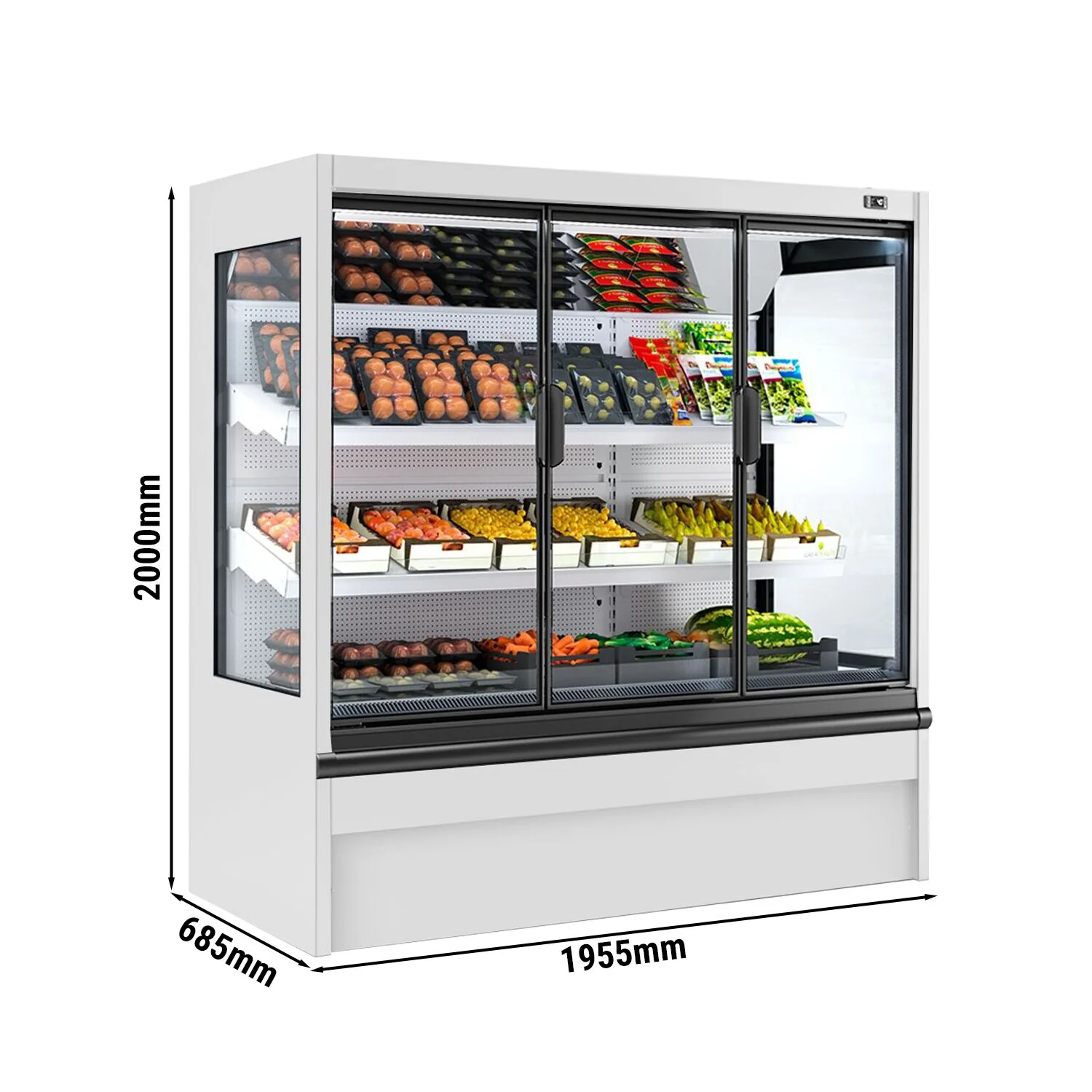 Kjølereol - 1955 mm - 555 l - +4 °C til +6 °C - med 3 hengslede glassdører med dobbelt isolerglass & 2 hyller - lukket bakvegg - hvit