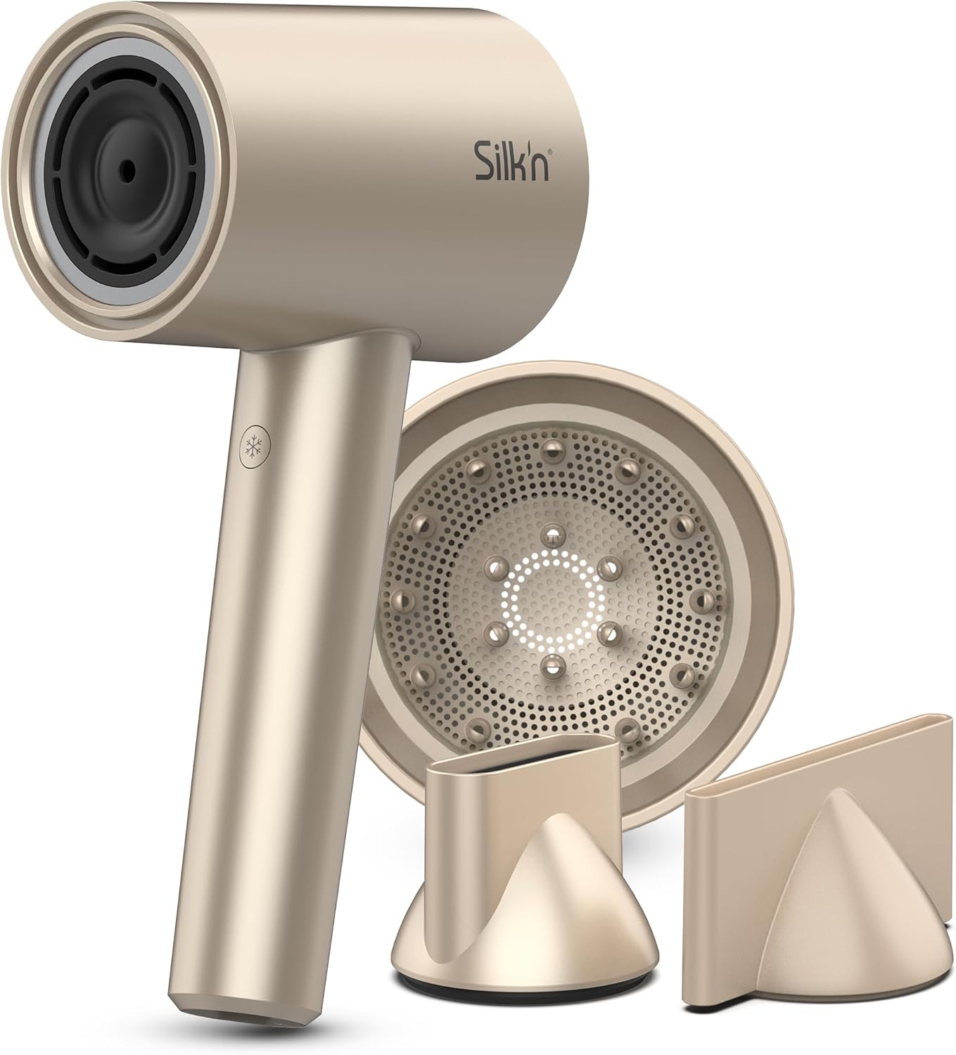 Silk'n Haartrockner I SilkyAir Pro HDB003 I Premium Föhn mit bürstenlosem Motor und Wasser-Ionen-Technologie I 3 Aufsätzen, hitzebeständiger Matte und Reiseetui, 1600 W, Champagner