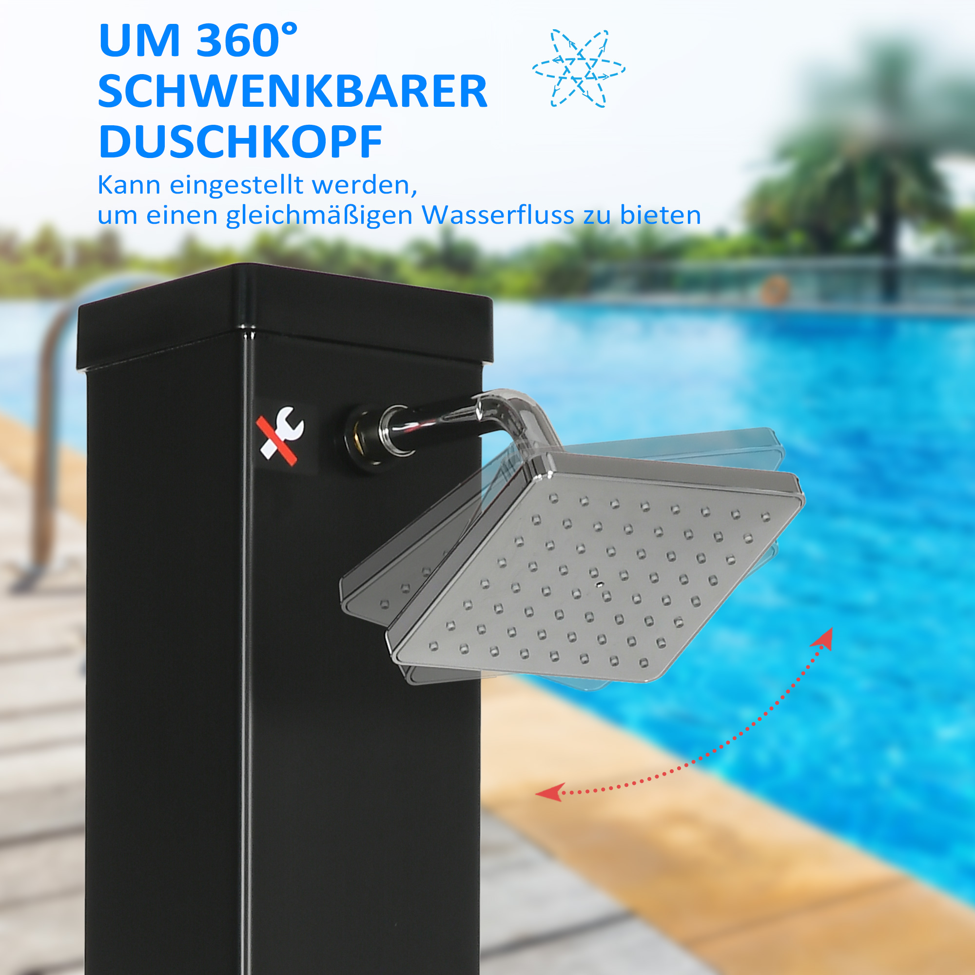 zonnedouche, 360�� draaibare douchekop, voetdouche, waterverwarming tot 60�� C, zwart, 19 x 20 x 217 cm