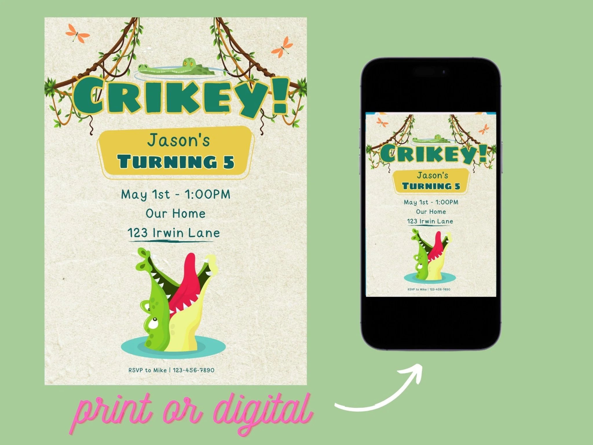 Crikey! Reptile Birthday Invitation, Children's Crocodile Birthday Invitation Template