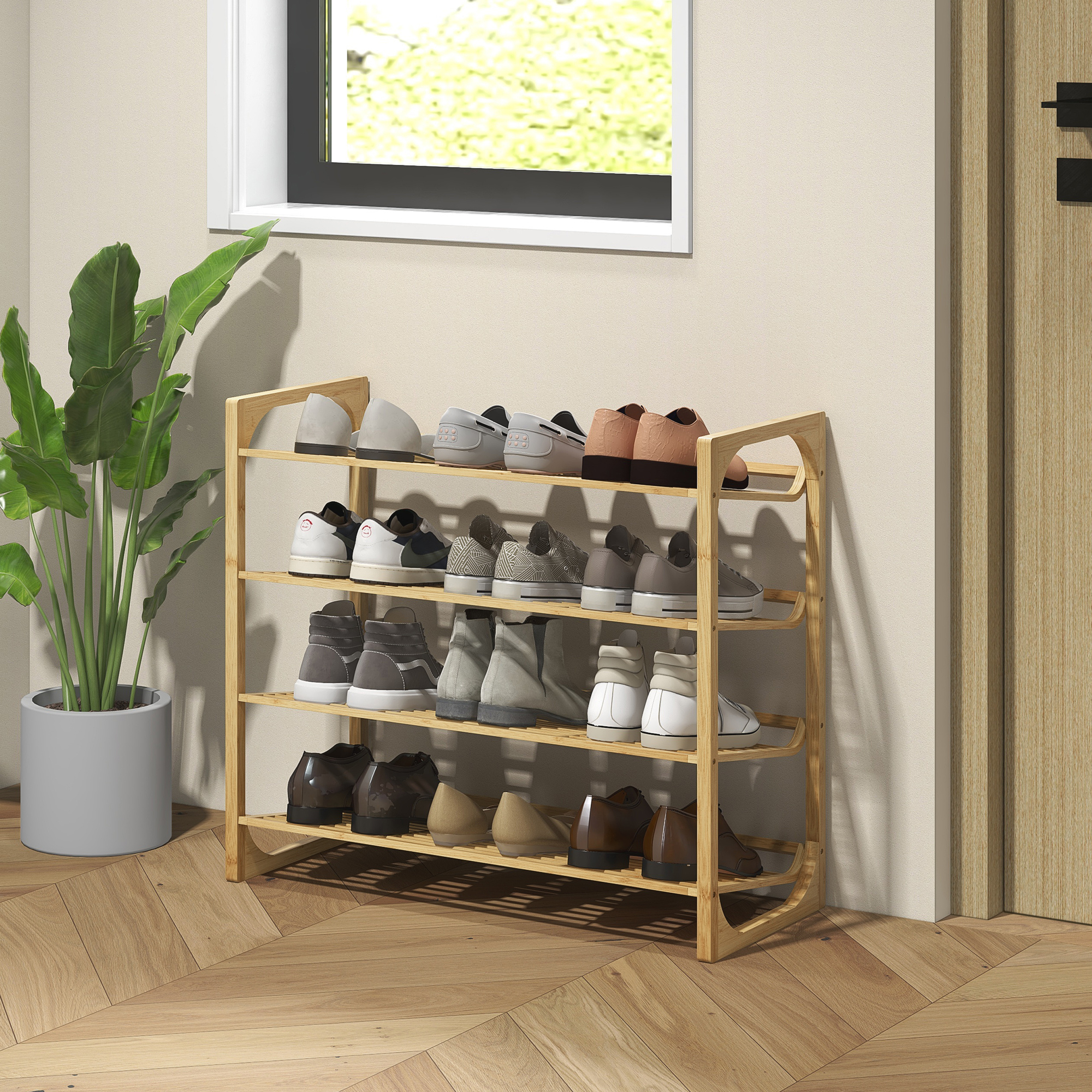 Bamboe Schoenenrek, 15,5 cm Plankhoogte, Geventileerd Latjesontwerp, 76 x 33 x 67 cm, Natuurhout Look