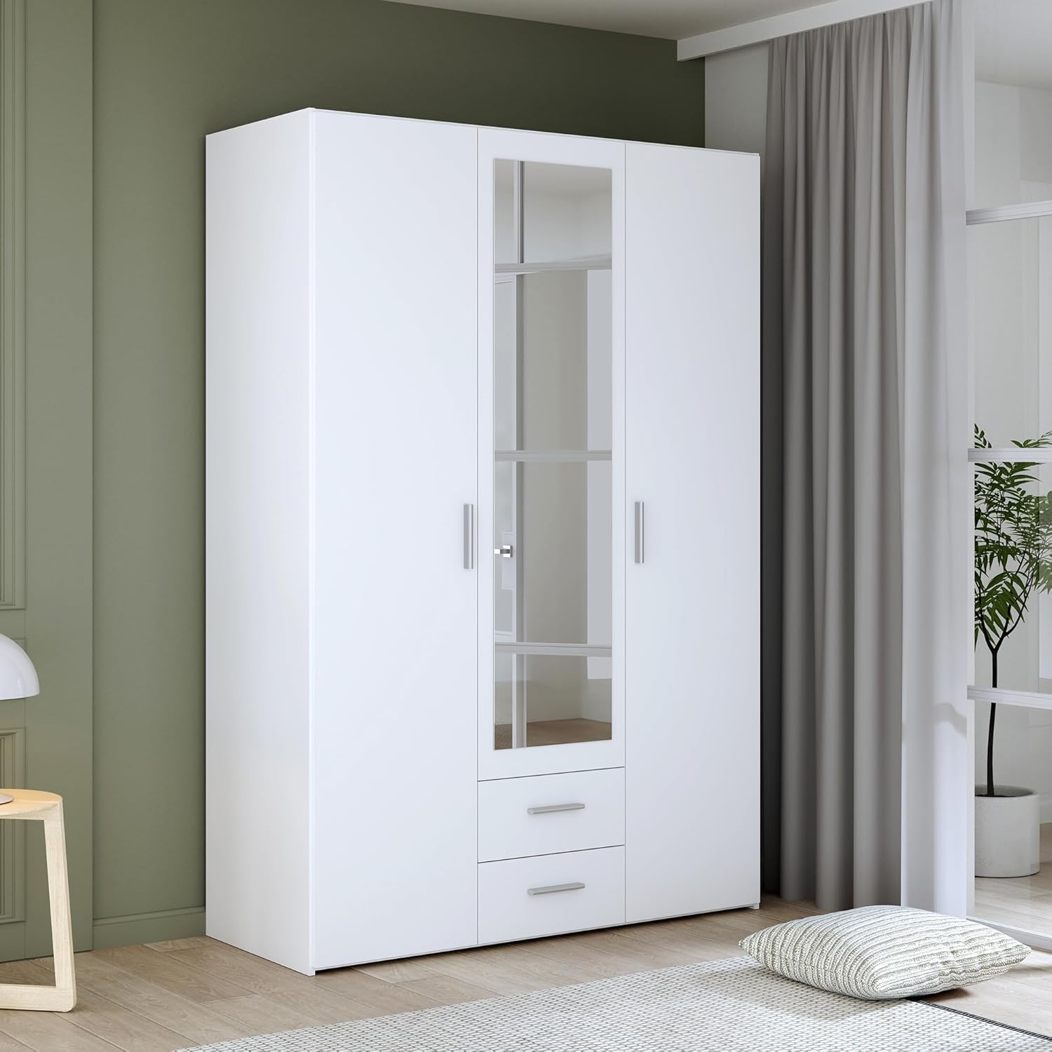 Forte TELANE Kleiderschrank 130, moderner Drehtürenschrank, 3-türig, 2 Schubladen, Spiegel, Schlafzimmer, Holzwerkstoff, Weiß, 131,1 cm breit x 195 cm hoch x 54,2 cm tief