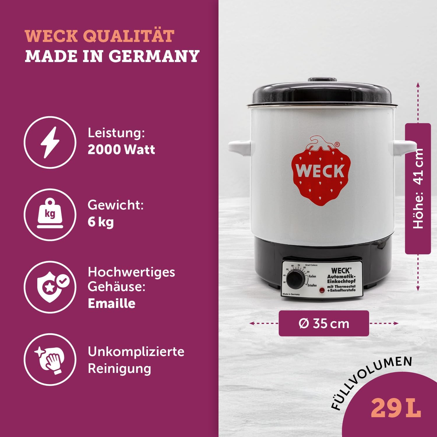 WECK Einkochautomat WAT14 (Finale Serie) Emaille mit Präzisionsthermostat – 29L Einkochtopf, Glühweinkocher, Dampfentsafter, Einweckautomat – Made in Germany, hochwertig & vielseitig