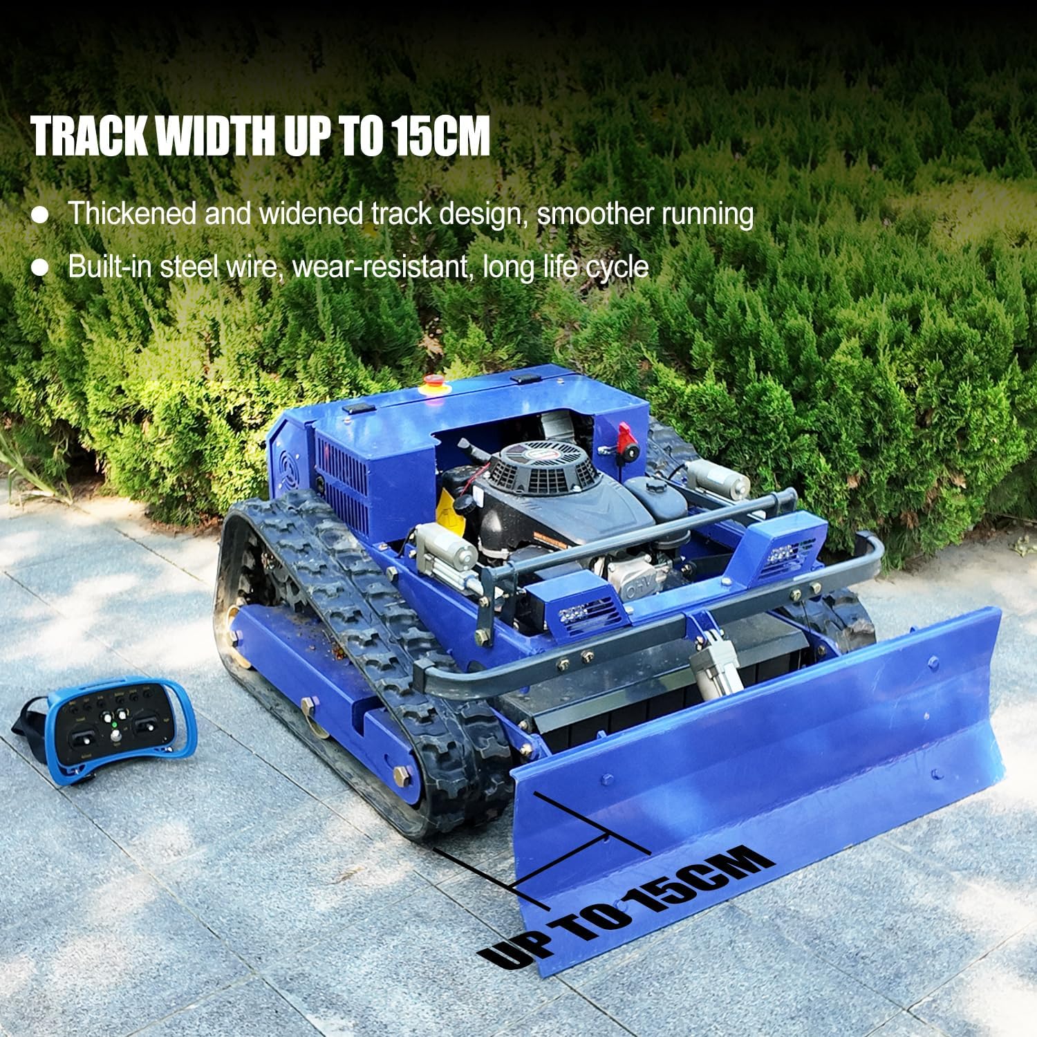 Mähroboter-Rasenmäher für Raupen, ferngesteuert, 4 × 4, Hybrid, Benzin-Elektro, Schnitt 21,6 Zoll, RC-Mähroboter für Steigungen 100% (45°) – Mähfläche 0,75 Acres (Modell mit Schneepflug)