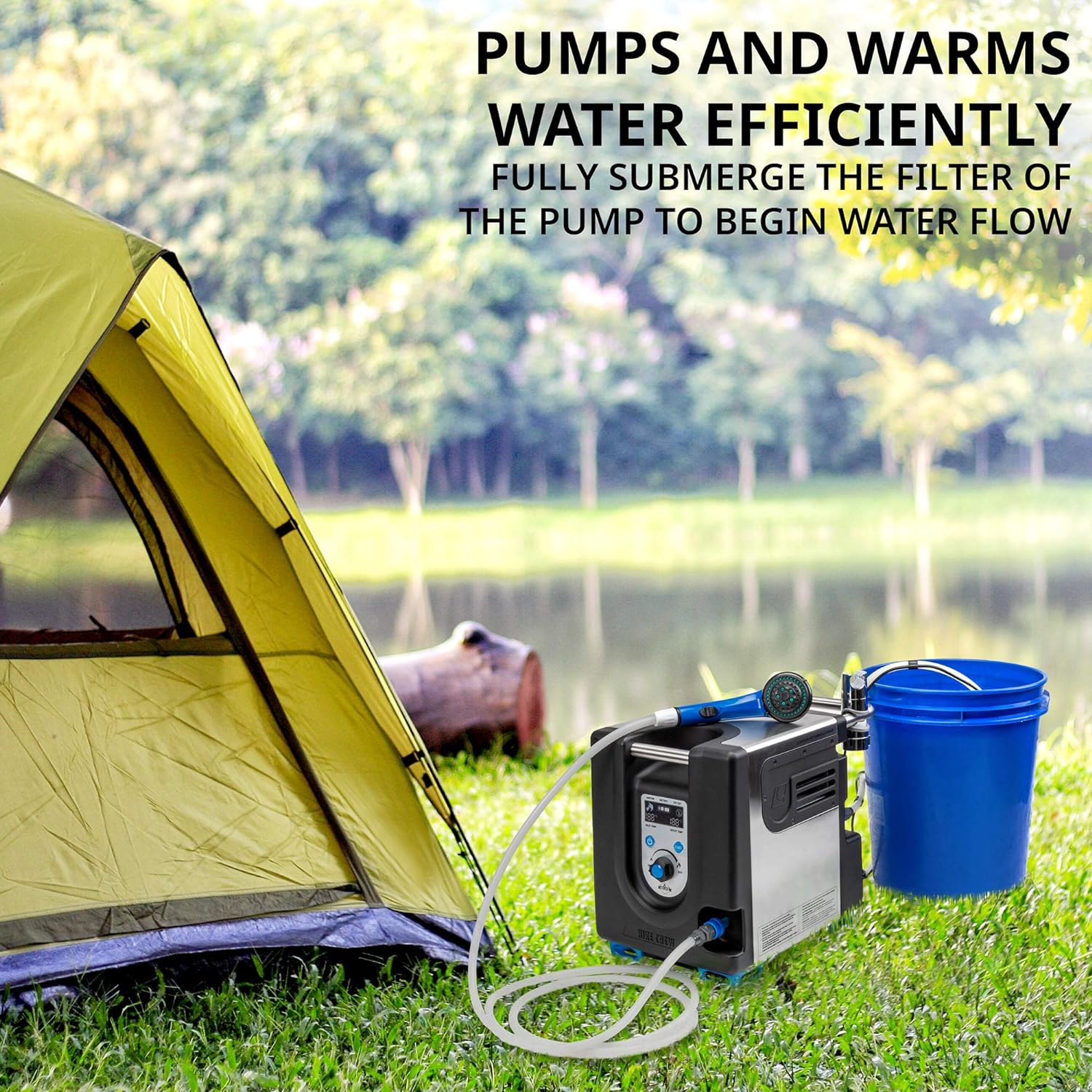 Tragbarer Propan-Warmwasserbereiter und Duschpumpe mit eingebauter Batterie | Kompaktes Outdoor-Reinigungs- und Duschsystem mit LCD, Sicherheitsabschaltung und Tragetasche, sofort heißes Wasser für Camping und Wandern