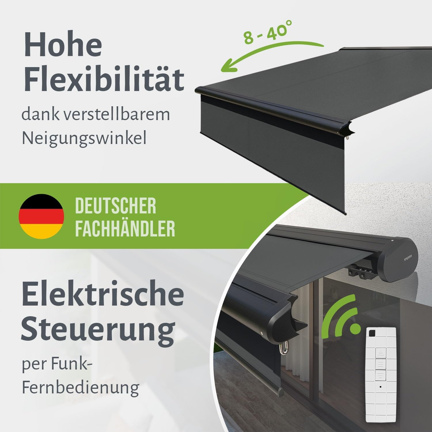 empasa Elektrische Vollkassettenmarkise 'Premium' Kassettenmarkise Gelenkarmmarkise Markise Sonnenschutz mit manuell ausfahrbarem Volant, komplett vormontiert, Farbe:anthrazit, Größe:4 x 3 m