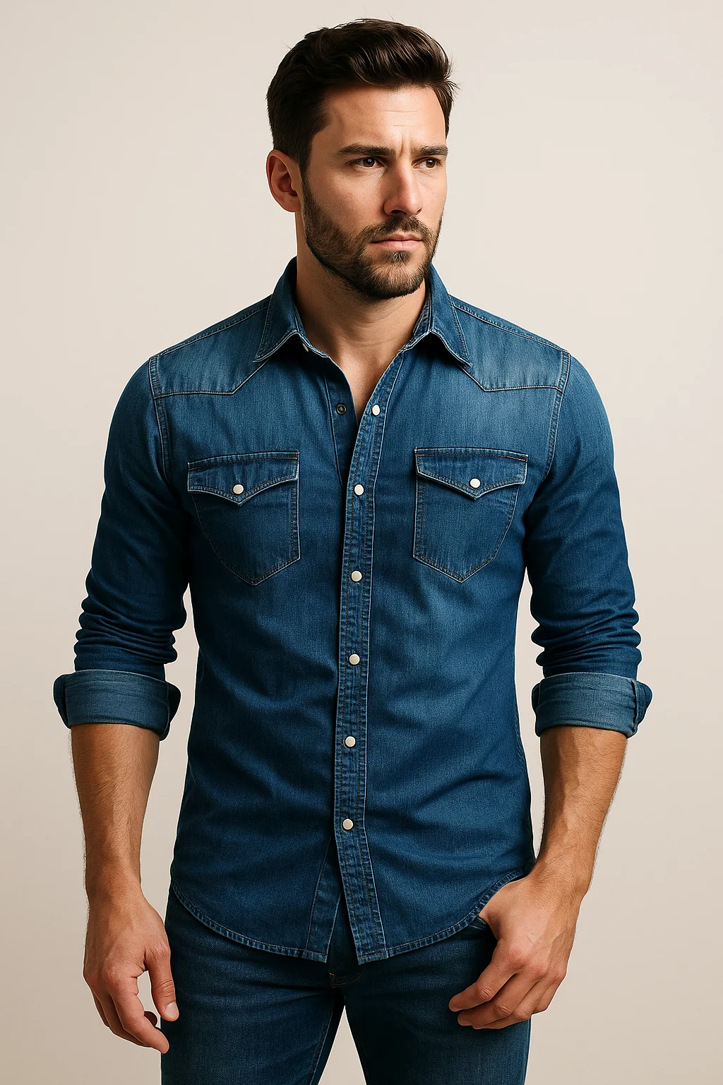 Herren Jeanshemd Slim Fit mit Druckkn?pfen | Leichtes Denim Hemd mit Brusttaschen f��r Freizeit und Alltag - Ganzj?hrig