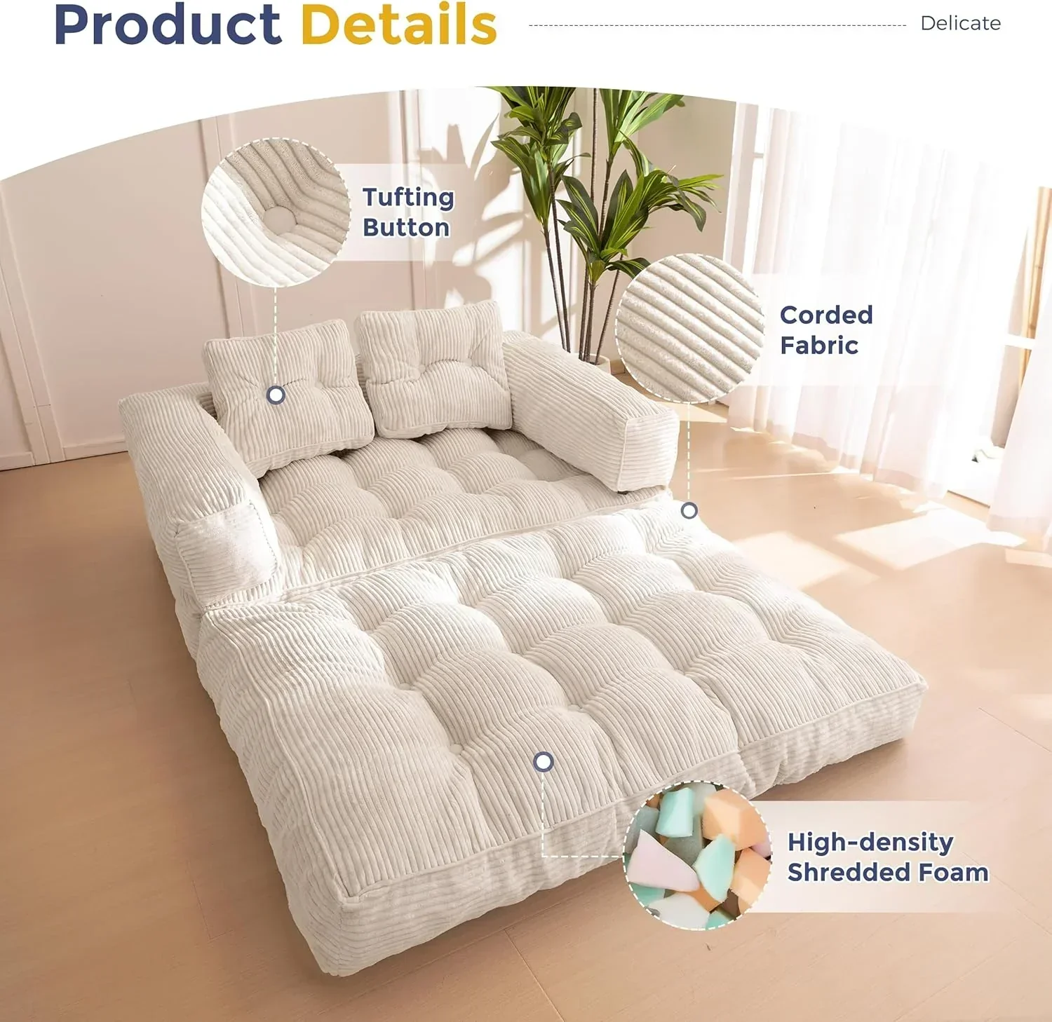 Folding Sofa Bed L-Shaped Convertible Sofa Bed with Armrests and Pillows