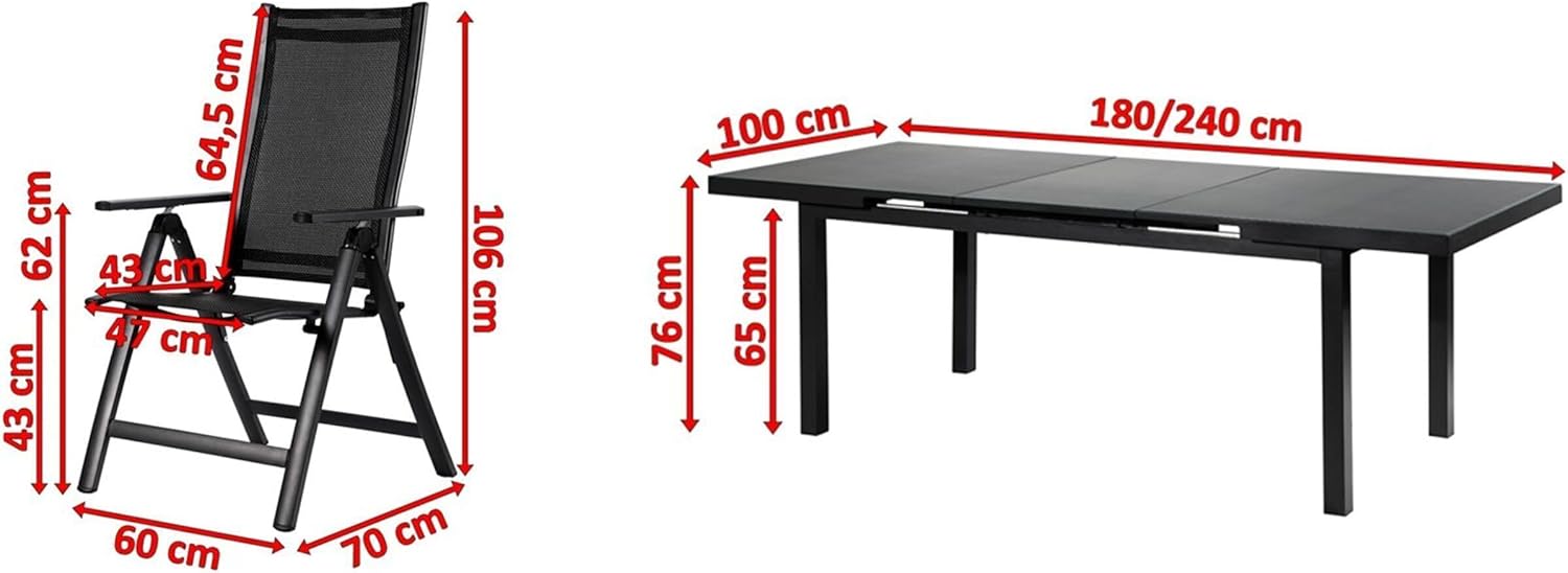 OUTFLEXX Premium Garten-Essgruppe, anthrazit matt, Alu/Textilene, Tisch 180/240x100cm, 8 Klappstühle