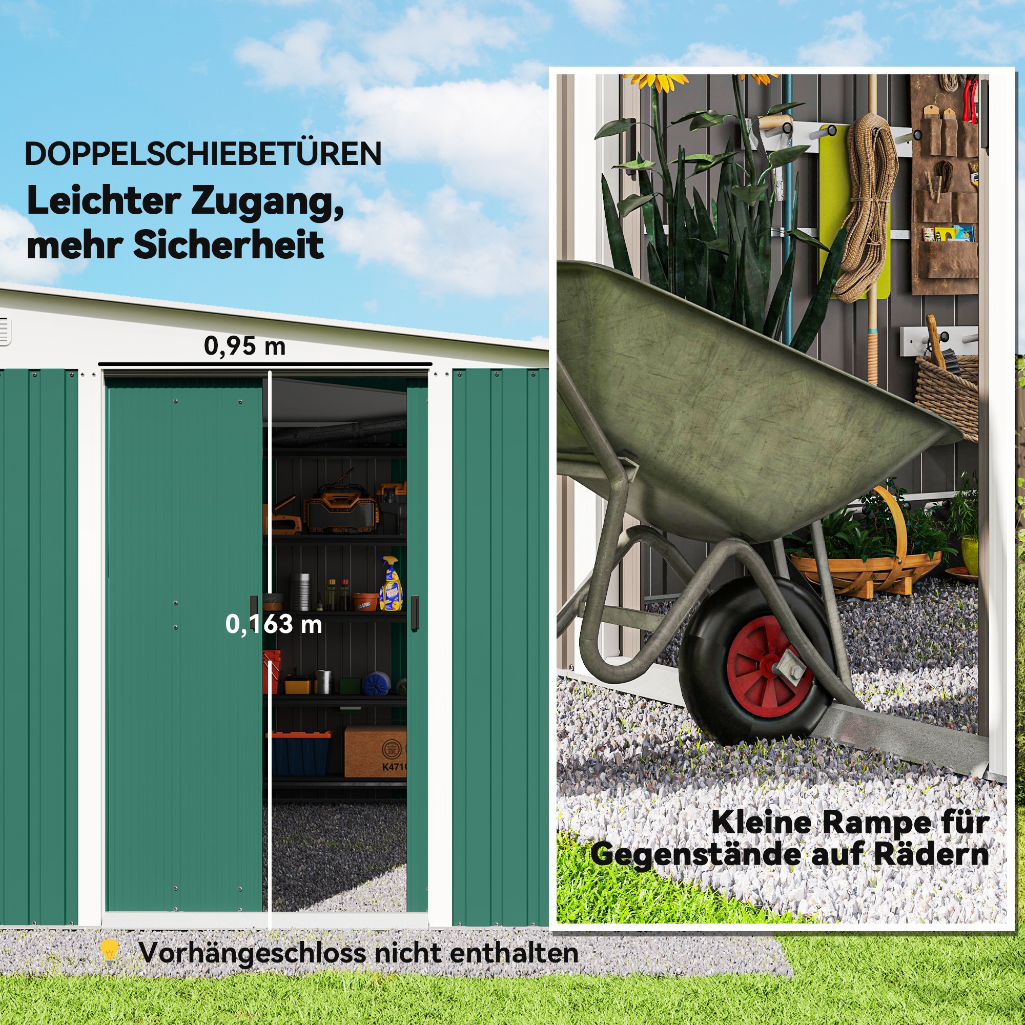 Metalen Tuinschuur Schuin Dak Afsluitbare Dubbele Deur 2,8 x 3,45 x 2,01m Groen