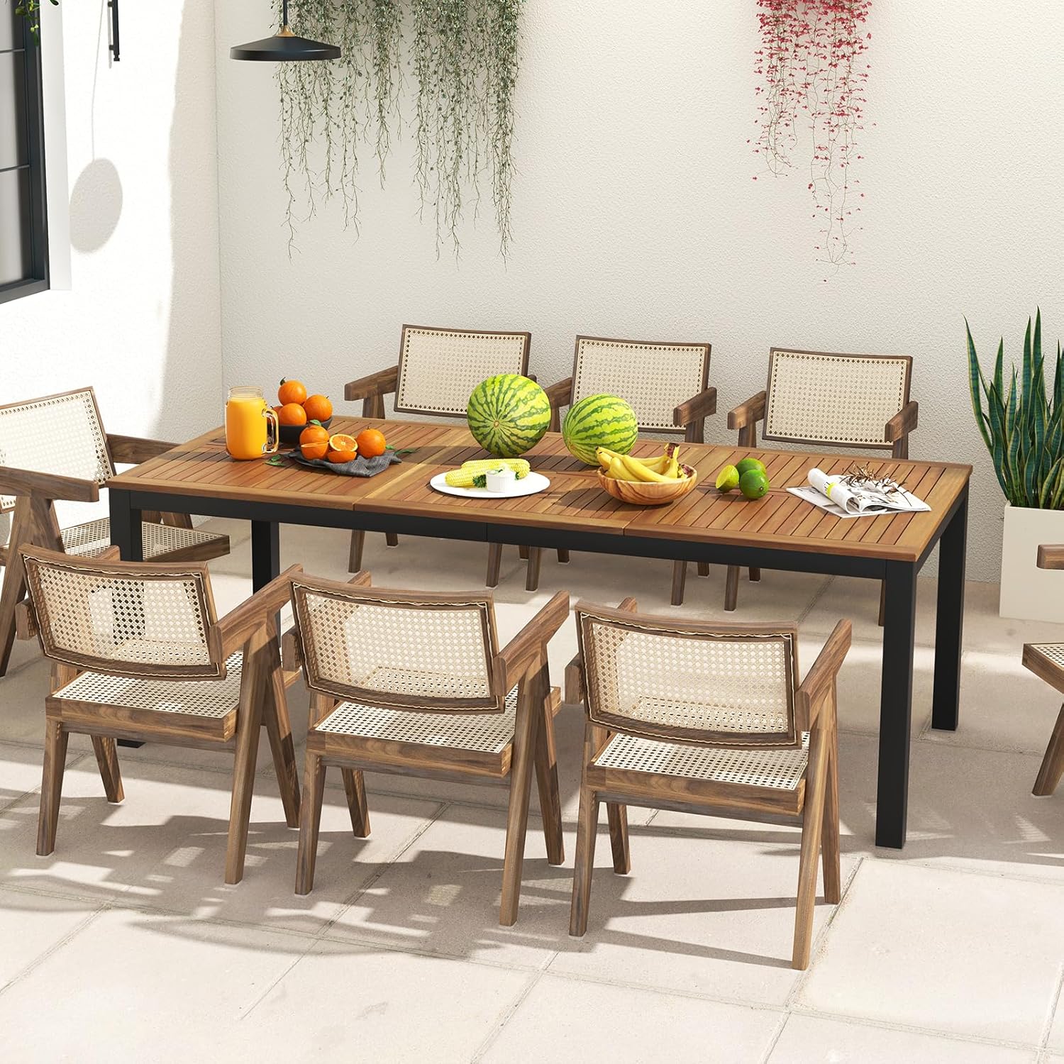 KOMFOTTEU Gartentisch mit Schirmloch, Esstisch aus Akazienholz, Holztisch für 8 Personen, Terrassentisch 200 x 90 x 75 cm, für Outdoor, Garten, Patio (Modell A)