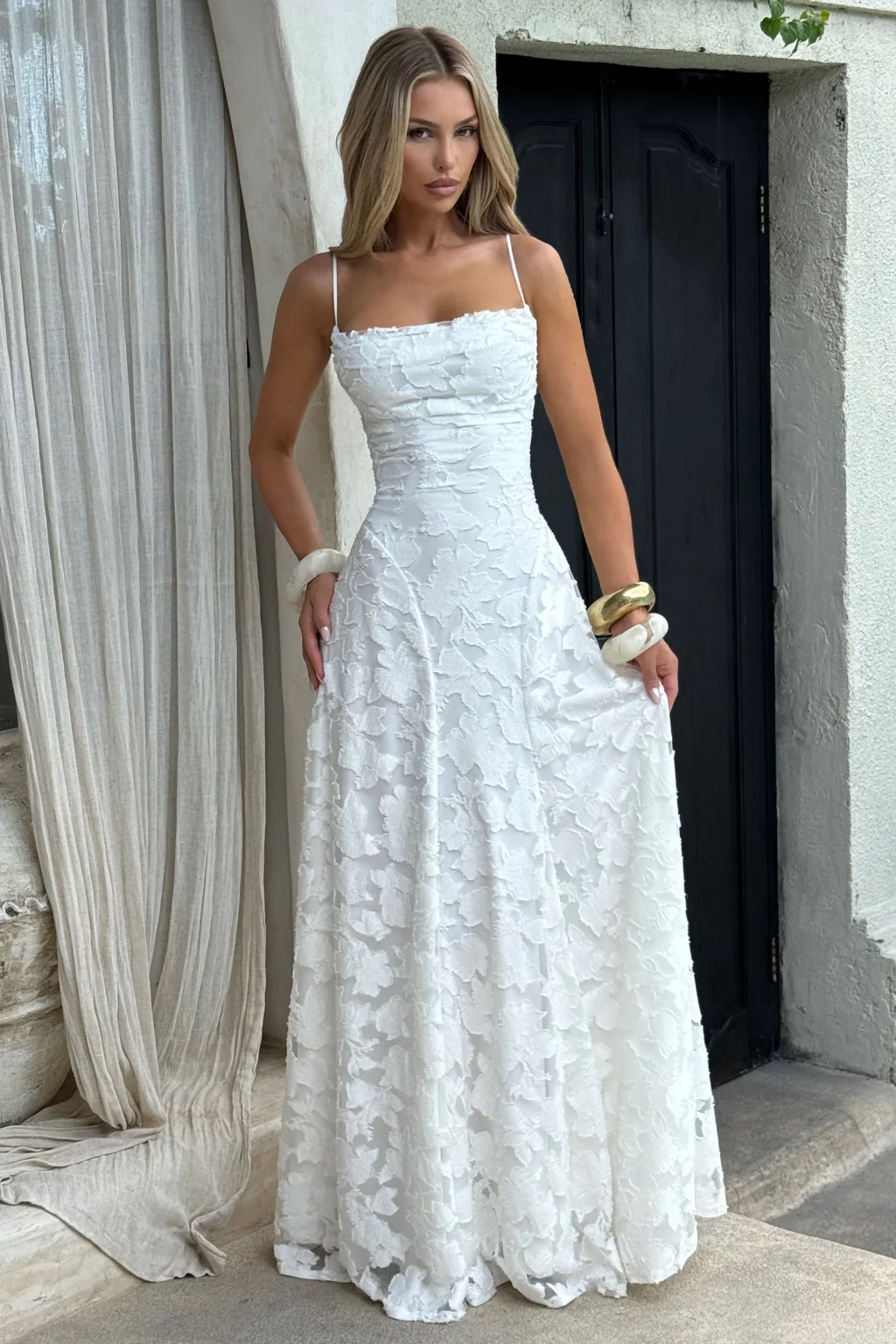 Maxikleid f��r Hochzeitsg?ste mit Wasserfallausschnitt und Blumenspitze | Festliches langes Abendkleid f��r Damen und feierliche